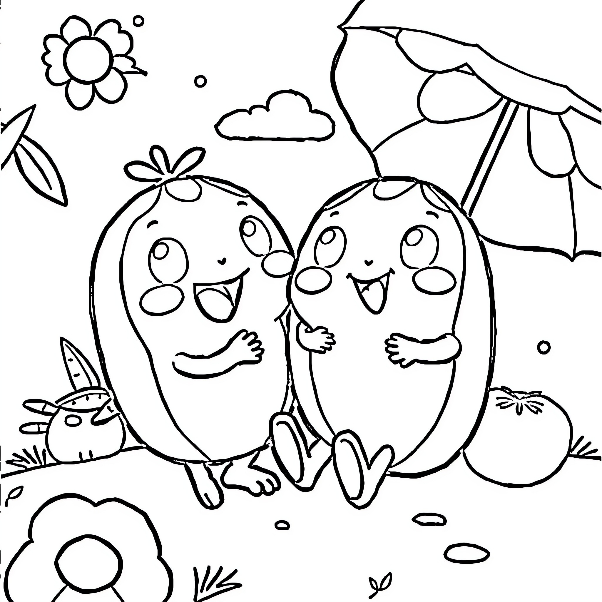 Cocomelon characters playing happily in nature Coloring Page (free black-and-white line drawing printable PDF for all, from beginners to advanced learners, including children, teens, adults, and seniors)