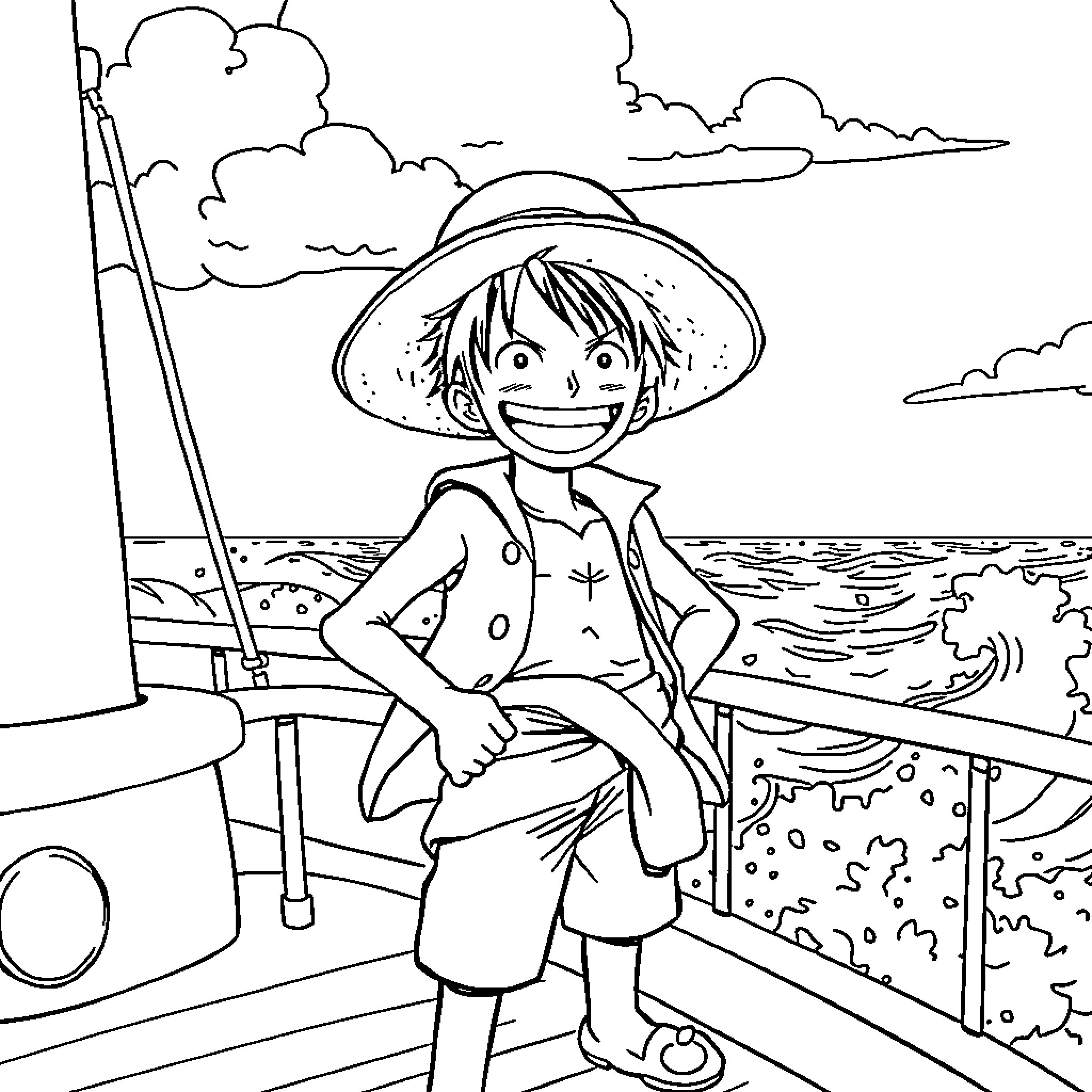 Luffy enjoying a day at the seaside Coloring Page (free black-and-white line drawing printable PDF for all, from beginners to advanced learners, including children, teens, adults, and seniors)