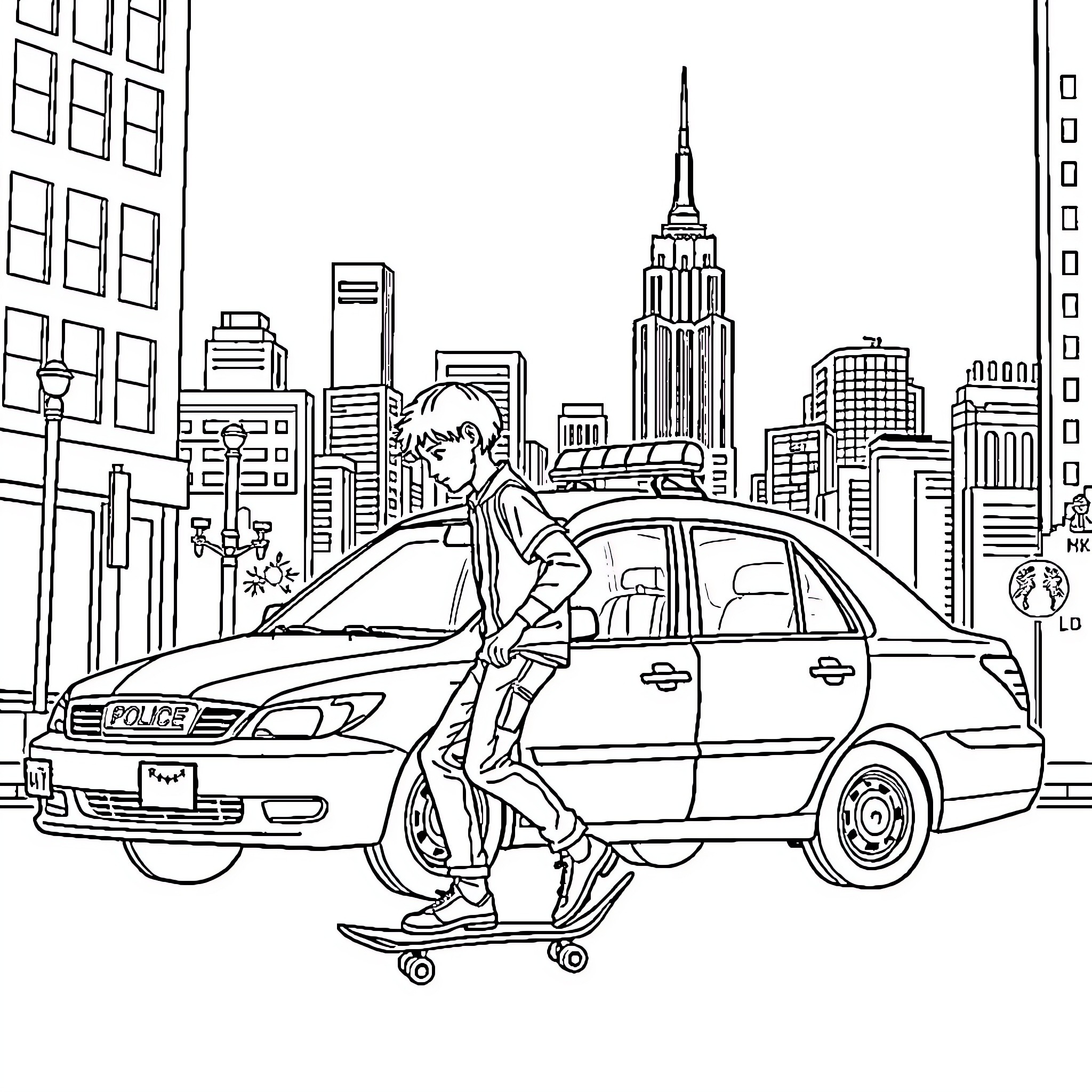 Skateboard tricks in the city Coloring Page (free black-and-white line drawing printable PDF for all, from beginners to advanced learners, including children, teens, adults, and seniors)