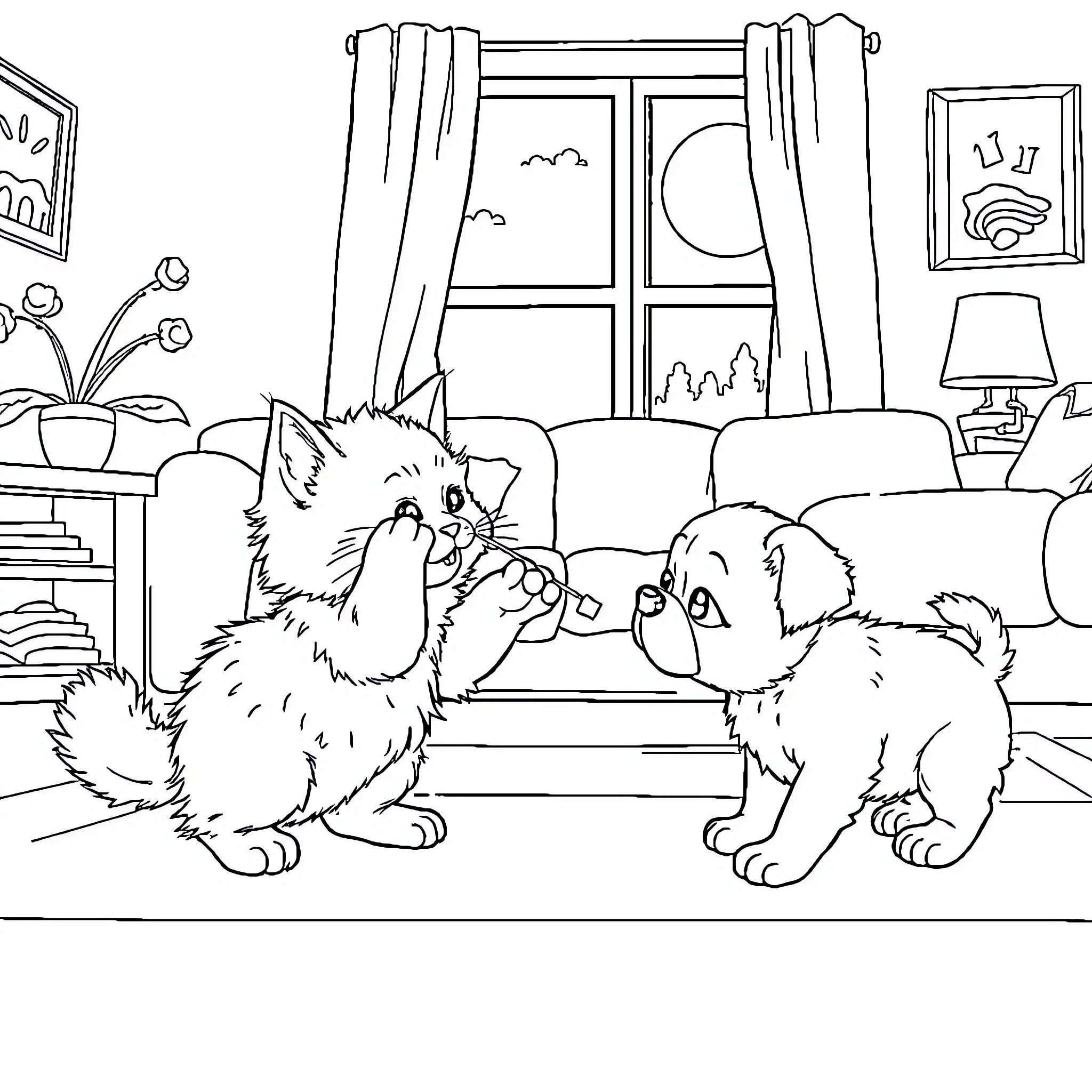 Kittens playing and exploring in cozy living room Coloring Page (free black-and-white line drawing printable PDF for all, from beginners to advanced learners, including children, teens, adults, and seniors)