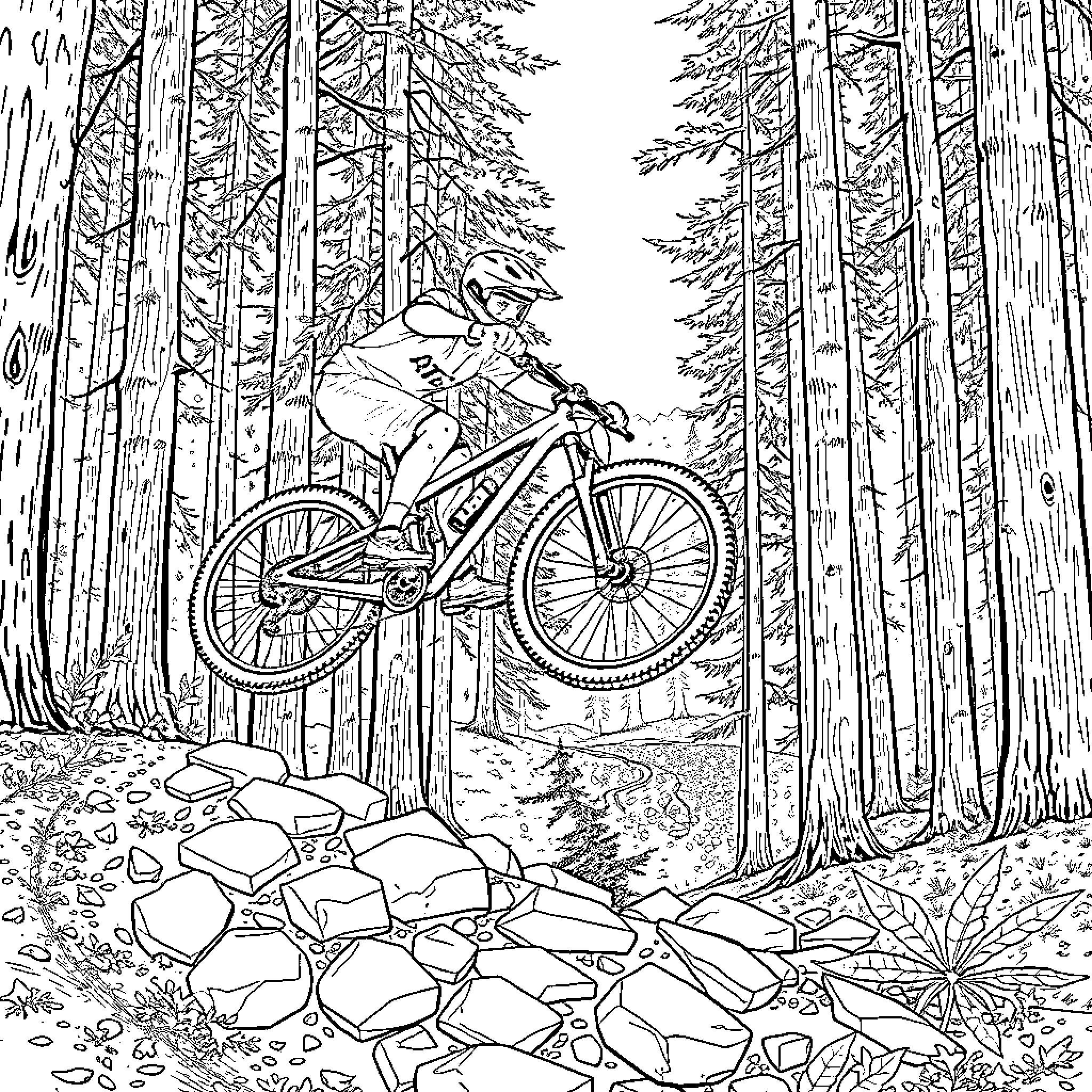 Mountain Biker navigating rocky trail through forest Coloring Page (free black-and-white line drawing printable PDF for all, from beginners to advanced learners, including children, teens, adults, and seniors)