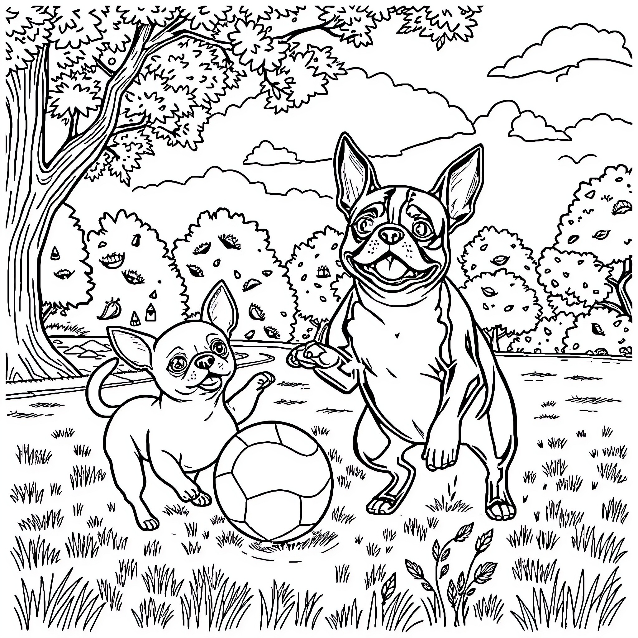 Dog Friends Playing in the Park Coloring Page (free black-and-white line drawing printable PDF for all, from beginners to advanced learners, including children, teens, adults, and seniors)