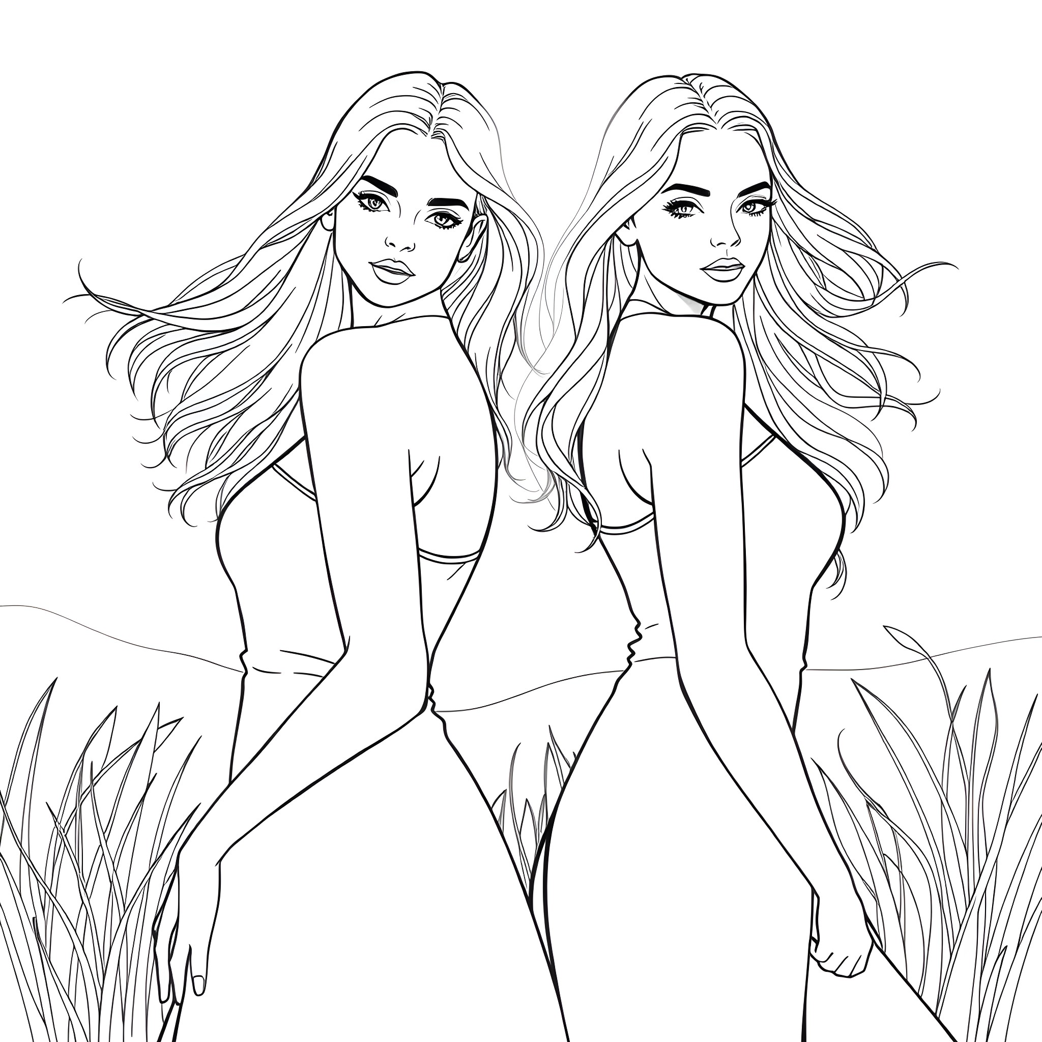 Women in nature with flowing hair Coloring Page (free black-and-white line drawing printable PDF for all, from beginners to advanced learners, including children, teens, adults, and seniors)