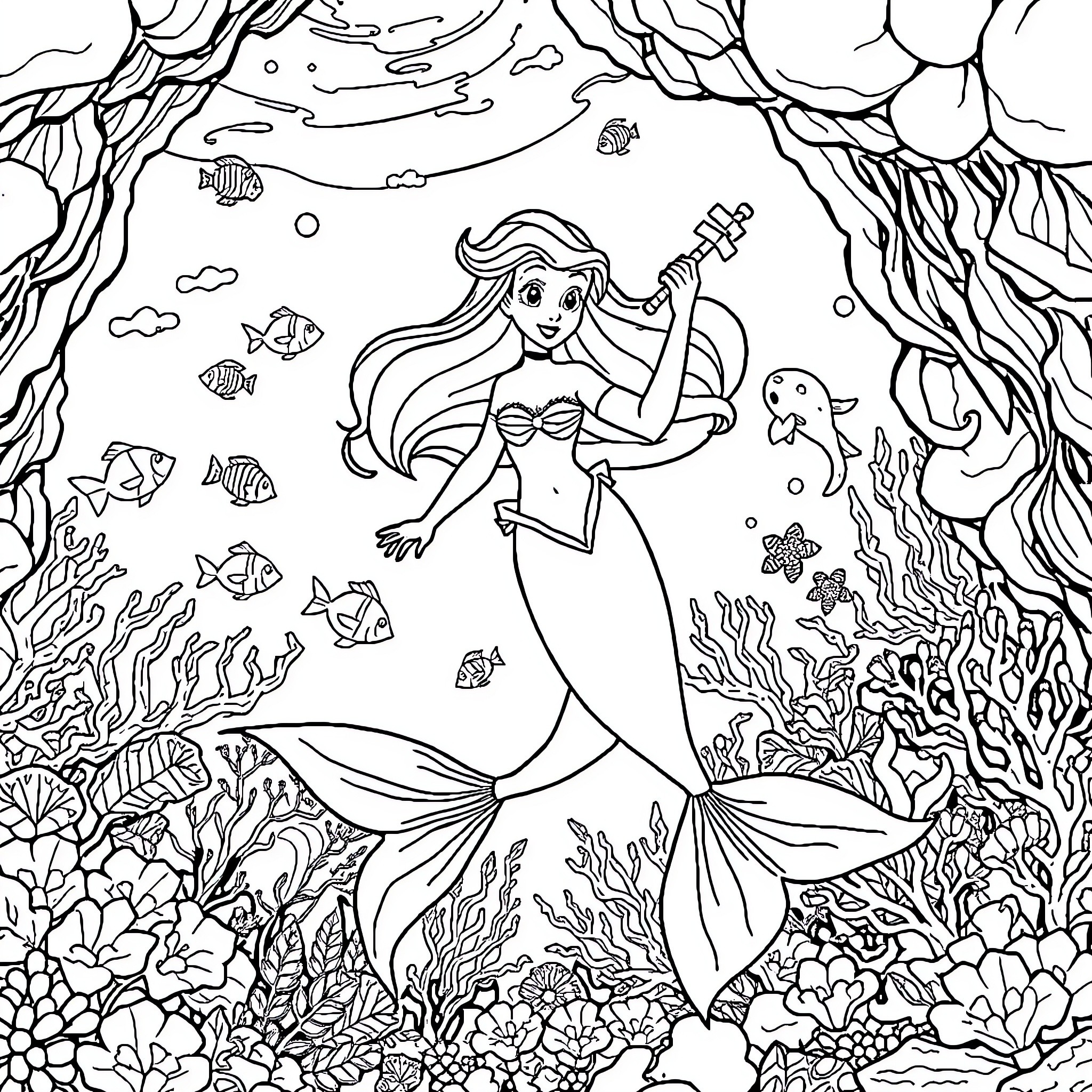 Ariel's Underwater Adventure Coloring Page (free black-and-white line drawing printable PDF for all, from beginners to advanced learners, including children, teens, adults, and seniors)