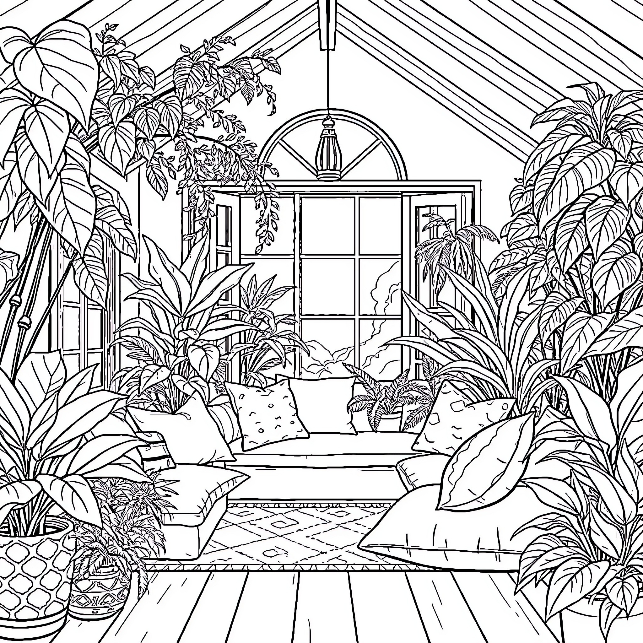 Plant Filled Cozy Greenhouse Interior Coloring Page (free black-and-white line drawing printable PDF for all, from beginners to advanced learners, including children, teens, adults, and seniors)
