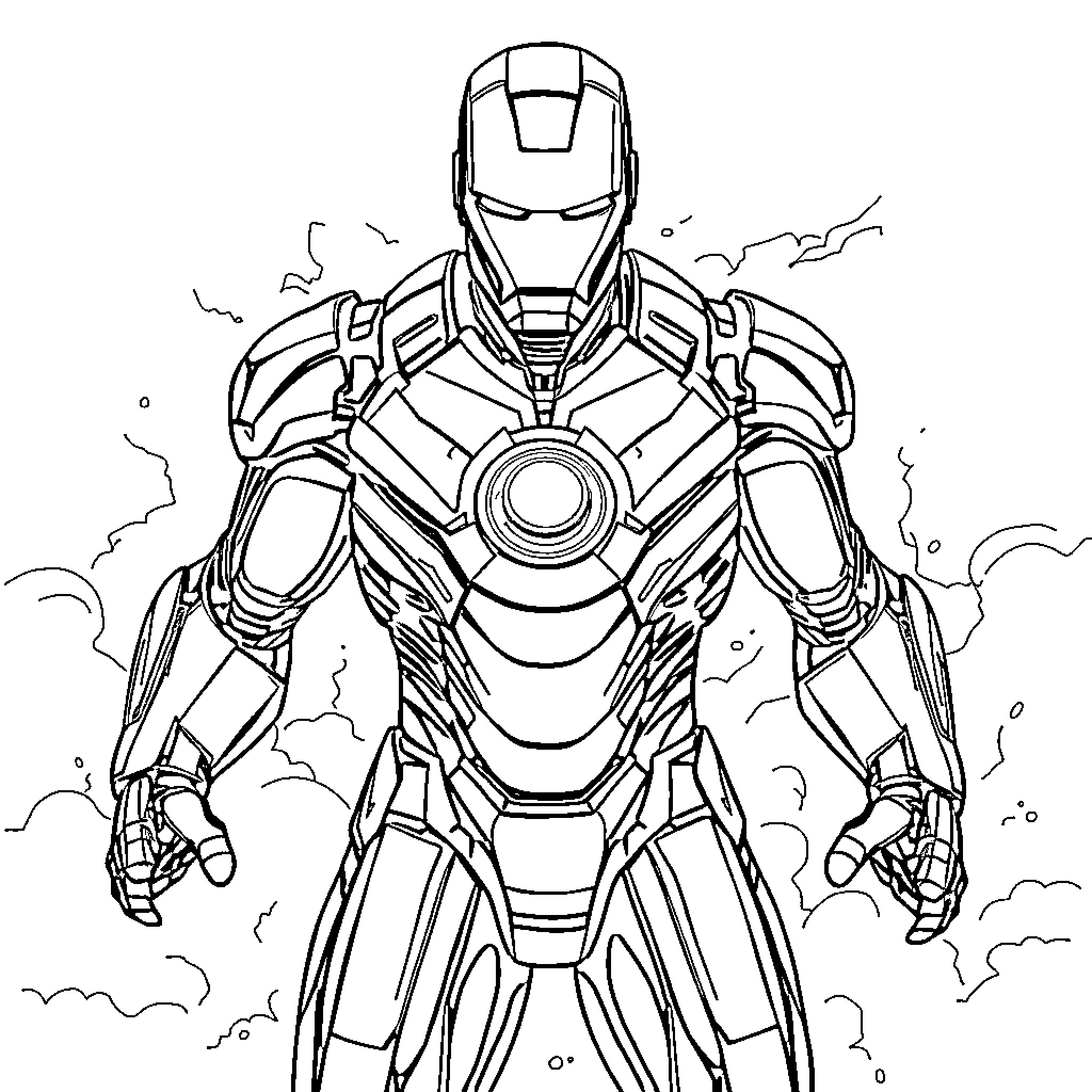 Iron Man in Heroic Pose with Advanced Armor Coloring Page (free black-and-white line drawing printable PDF for all, from beginners to advanced learners, including children, teens, adults, and seniors)