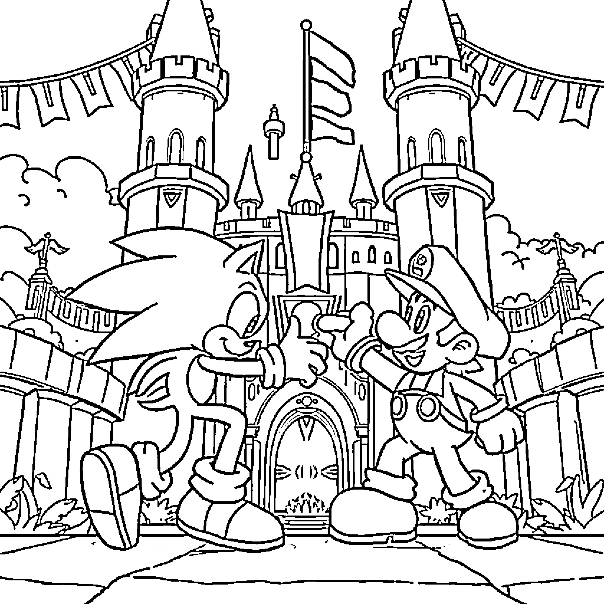 Sonic and friends at the fantastical castle Coloring Page (free black-and-white line drawing printable PDF for all, from beginners to advanced learners, including children, teens, adults, and seniors)
