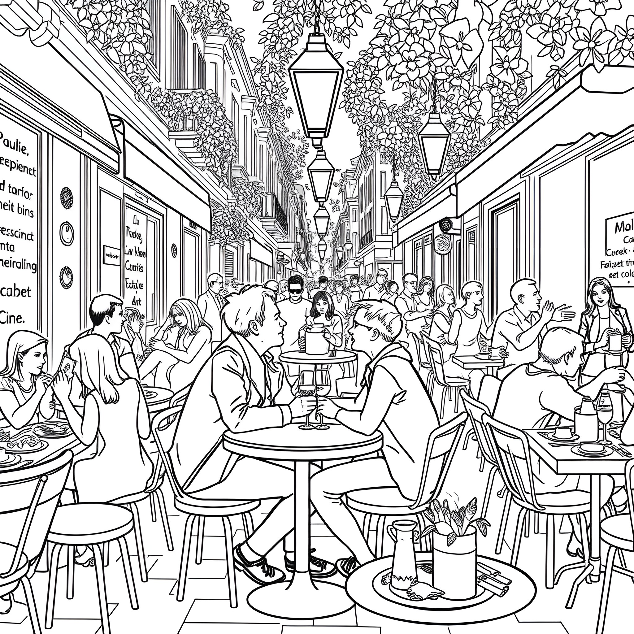 Soprano Soirée in Parisian Café Coloring Page (free black-and-white line drawing printable PDF for all, from beginners to advanced learners, including children, teens, adults, and seniors)