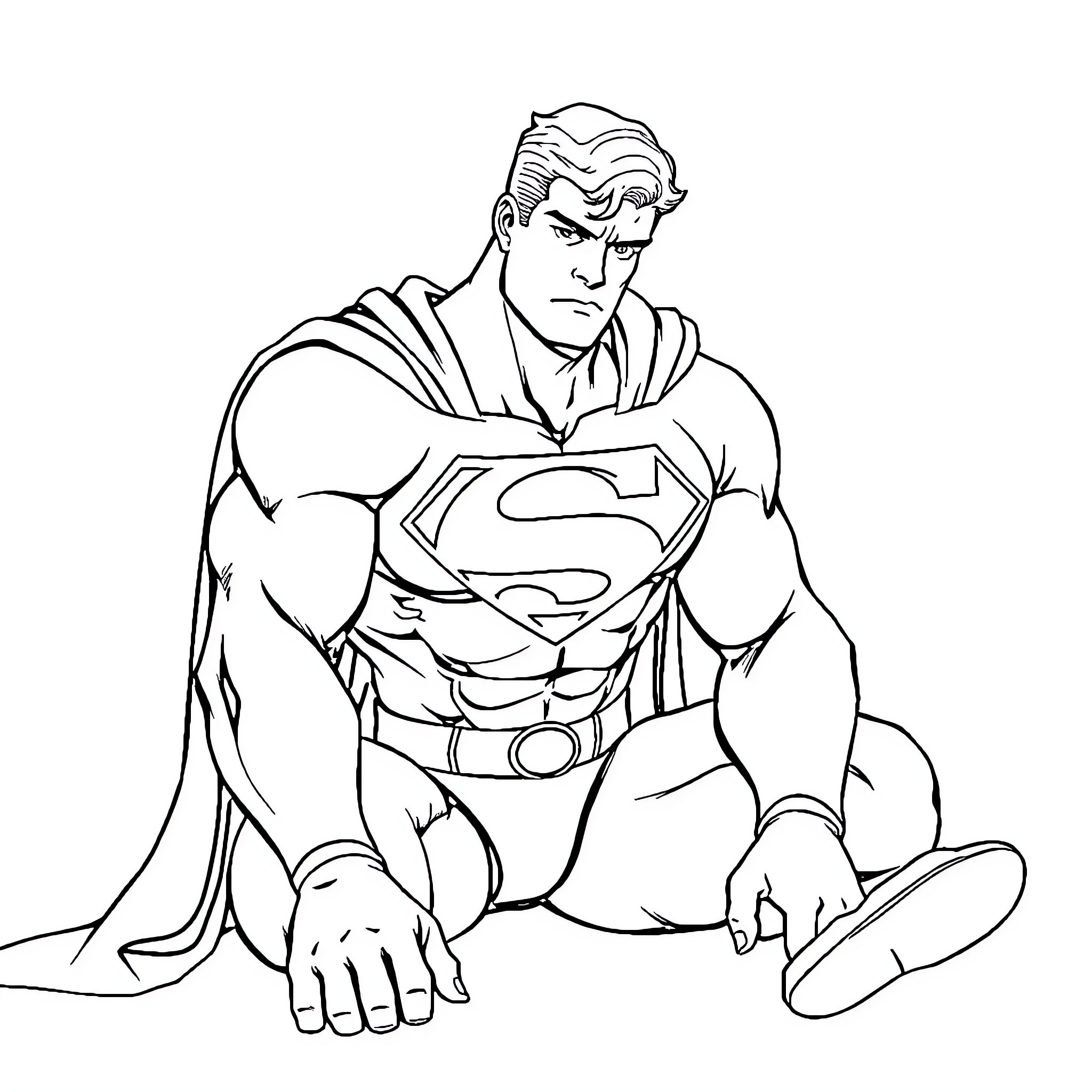 Superman in resolute pose Coloring Page (free black-and-white line drawing printable PDF for all, from beginners to advanced learners, including children, teens, adults, and seniors)