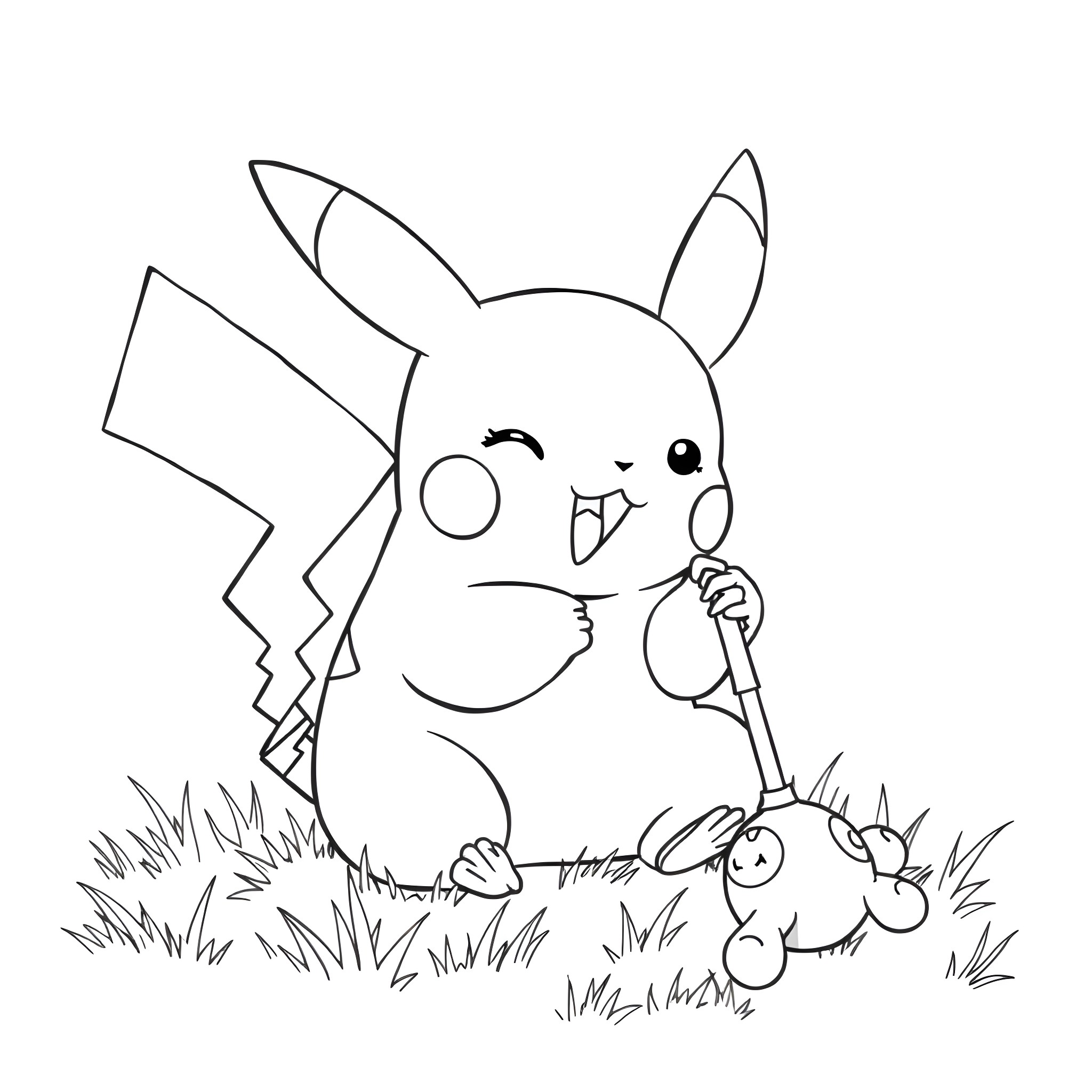Pikachu playing with a cute bug-type Pokemon Coloring Page (free black-and-white line drawing printable PDF for all, from beginners to advanced learners, including children, teens, adults, and seniors)