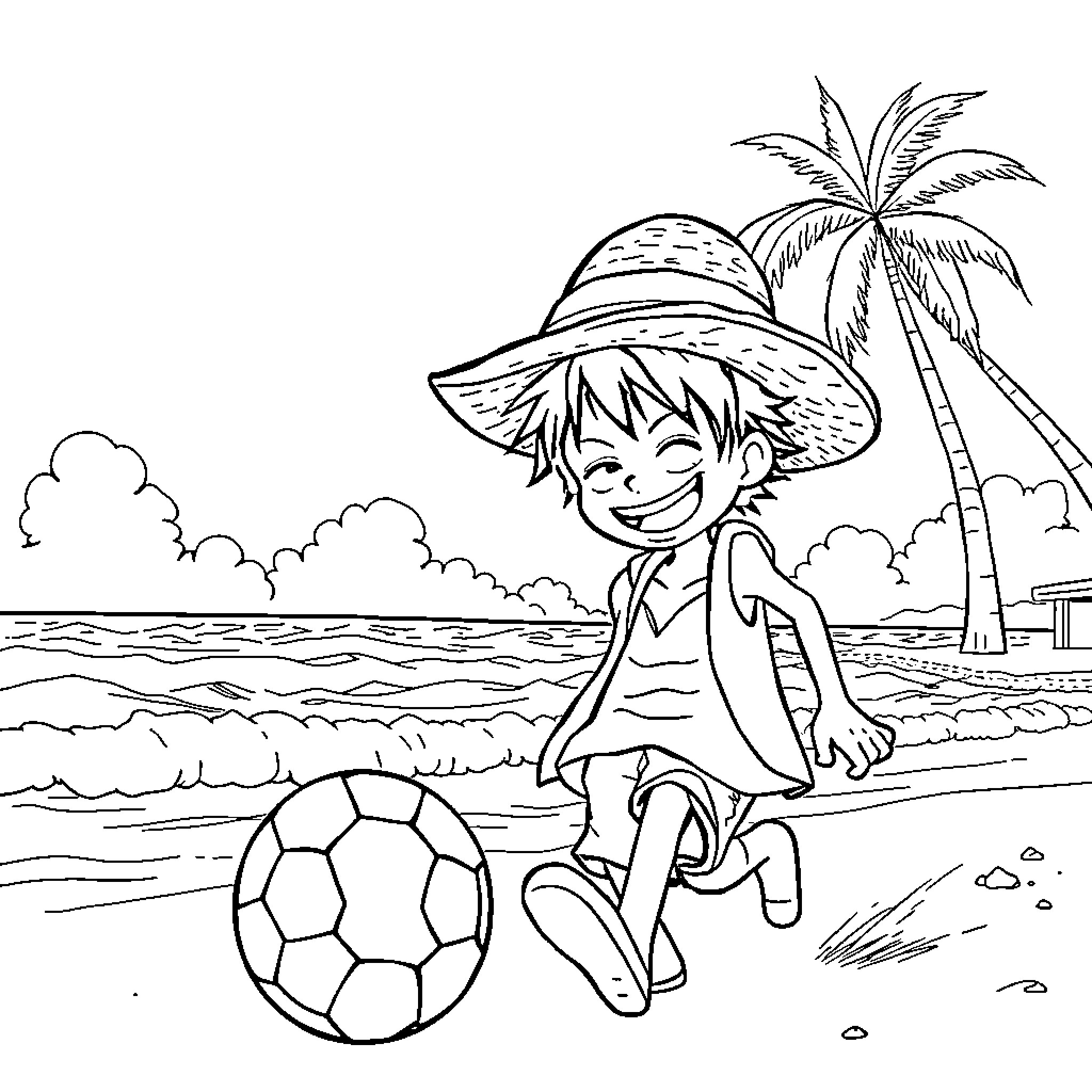 Luffy playing soccer on a tropical beach Coloring Page (free black-and-white line drawing printable PDF for all, from beginners to advanced learners, including children, teens, adults, and seniors)