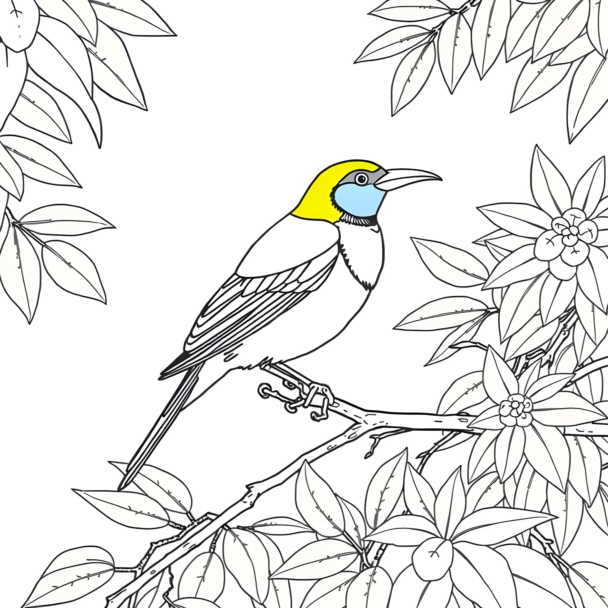 Gouldian Finch in a Floral Setting Coloring Page (free black-and-white line drawing printable PDF for all, from beginners to advanced learners, including children, teens, adults, and seniors)