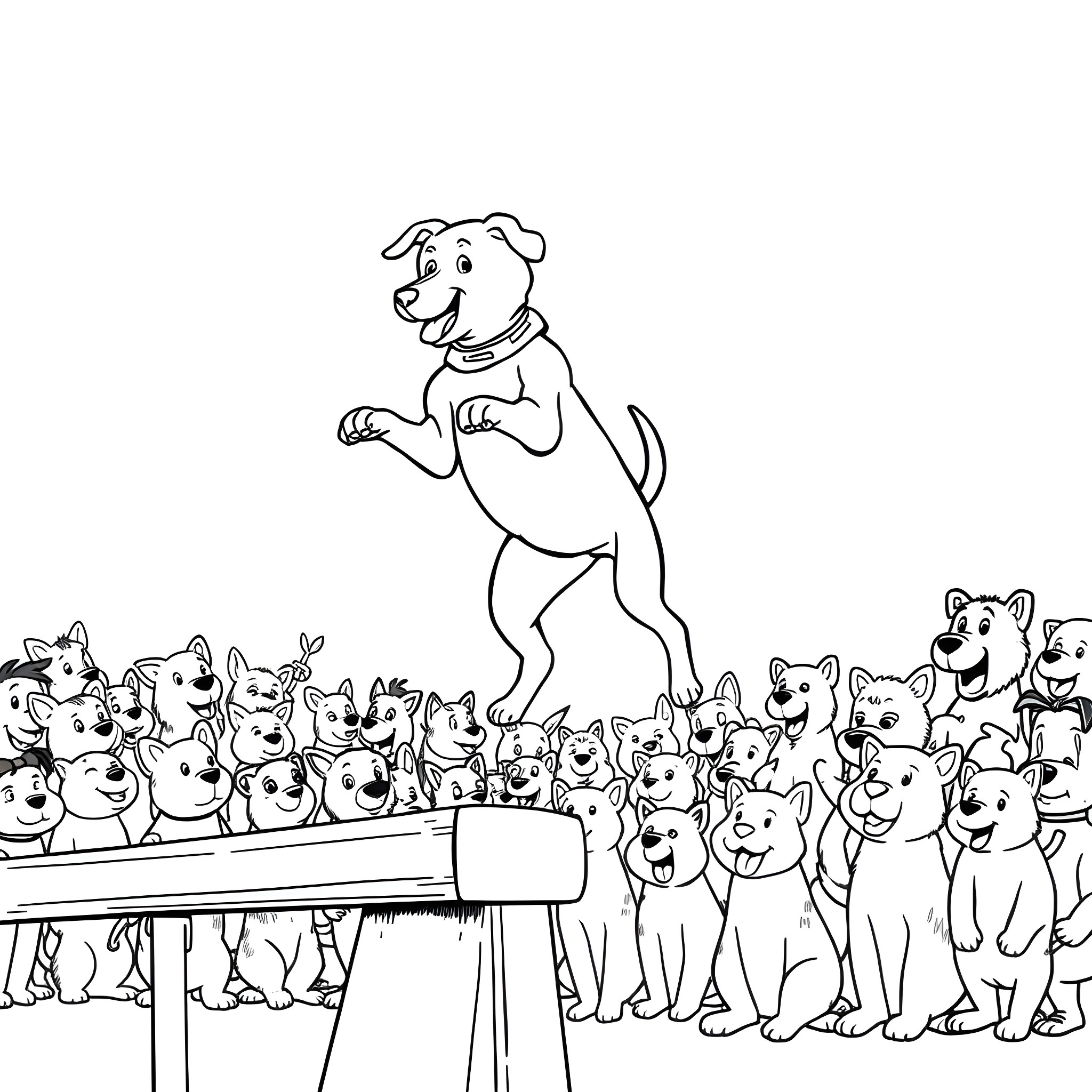 Dog performing tricks in front of cheering crowd Coloring Page (free black-and-white line drawing printable PDF for all, from beginners to advanced learners, including children, teens, adults, and seniors)
