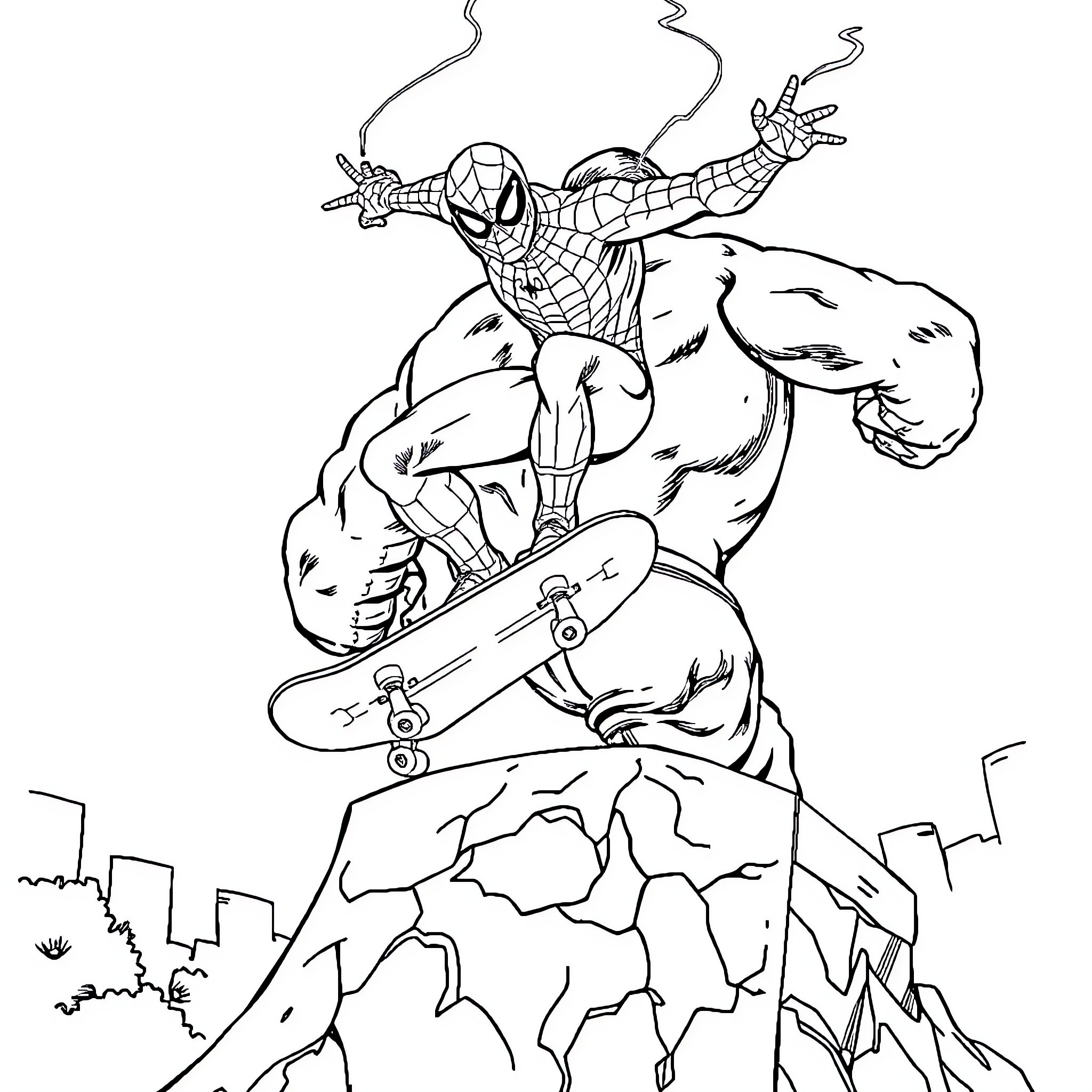 Spiderman doing tricks on a skateboard in the city Coloring Page (free black-and-white line drawing printable PDF for all, from beginners to advanced learners, including children, teens, adults, and seniors)