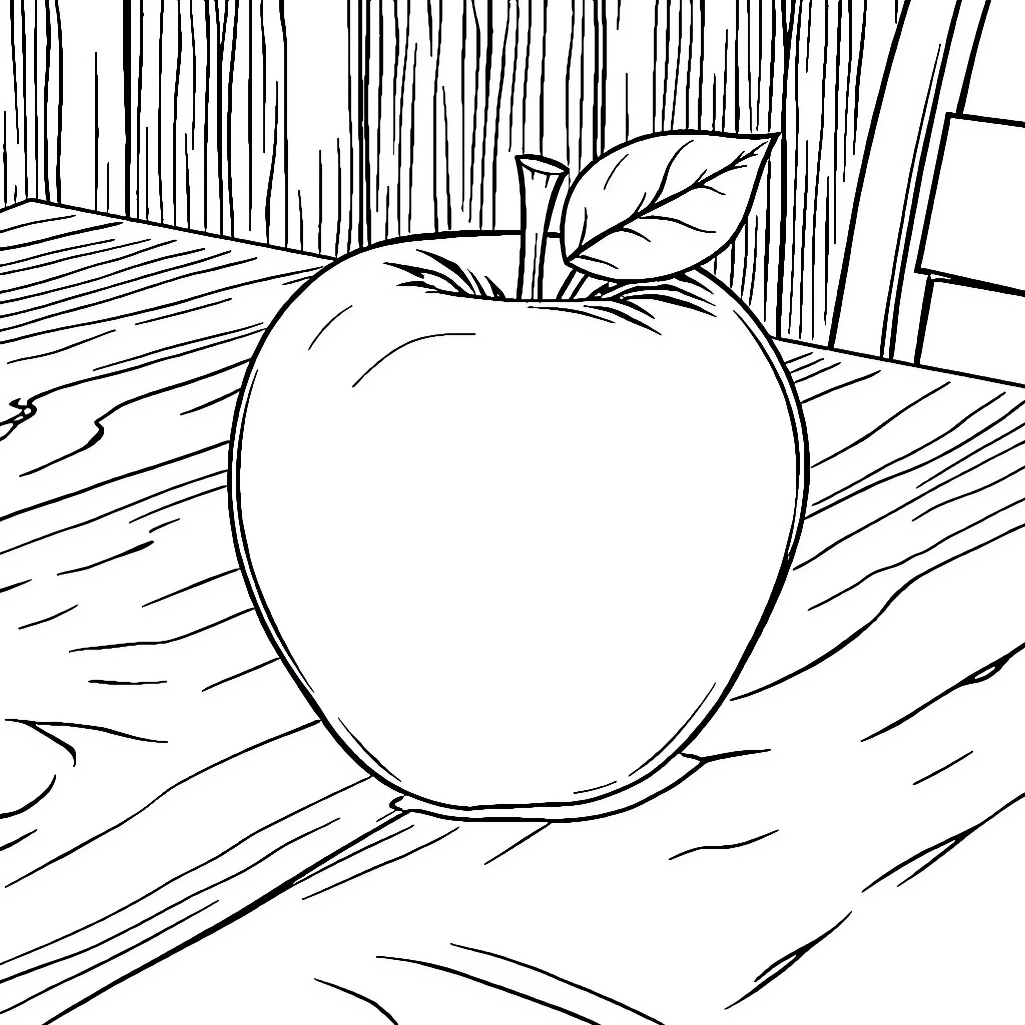 Apple on a wooden background Coloring Page (free black-and-white line drawing printable PDF for all, from beginners to advanced learners, including children, teens, adults, and seniors)