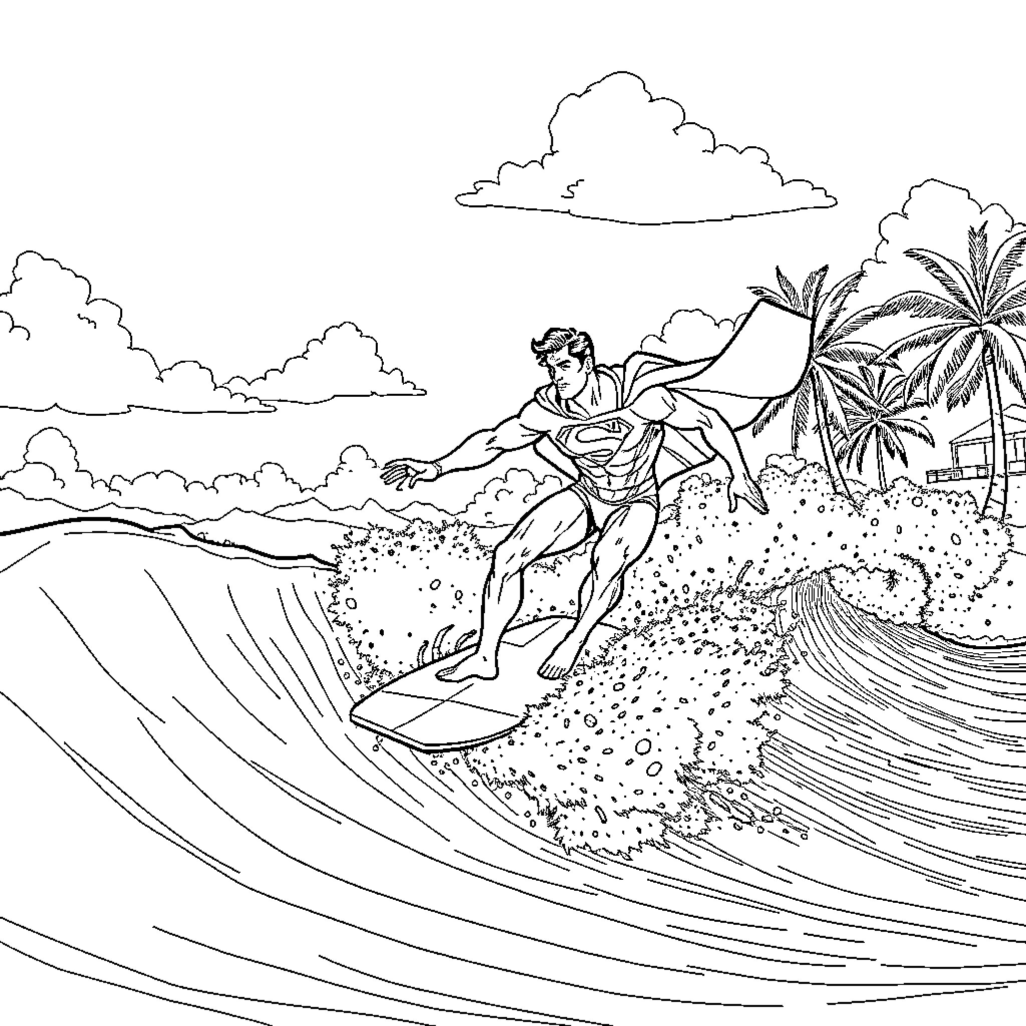 Superman surfing the waves on a tropical beach Coloring Page (free black-and-white line drawing printable PDF for all, from beginners to advanced learners, including children, teens, adults, and seniors)