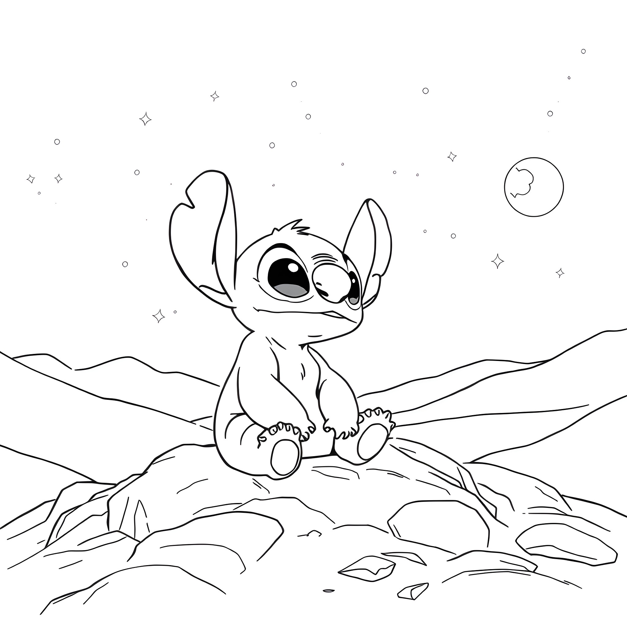 Stitch enjoying the starry night Coloring Page (free black-and-white line drawing printable PDF for all, from beginners to advanced learners, including children, teens, adults, and seniors)