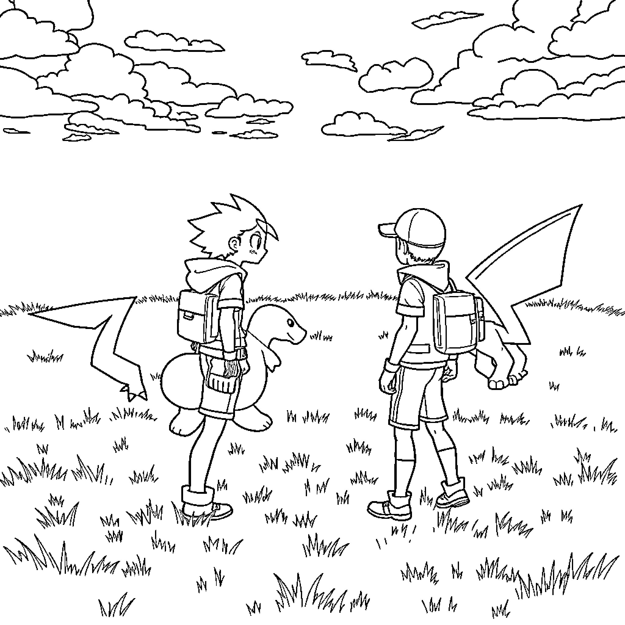 Pokémon trainers exploring the wilderness with their companions Coloring Page (free black-and-white line drawing printable PDF for all, from beginners to advanced learners, including children, teens, adults, and seniors)