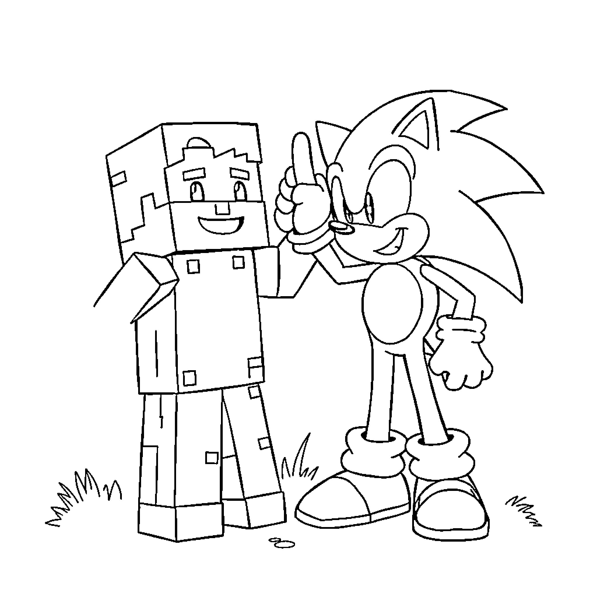 Steve and Sonic Exploring the Blocky World Coloring Page (free black-and-white line drawing printable PDF for all, from beginners to advanced learners, including children, teens, adults, and seniors)