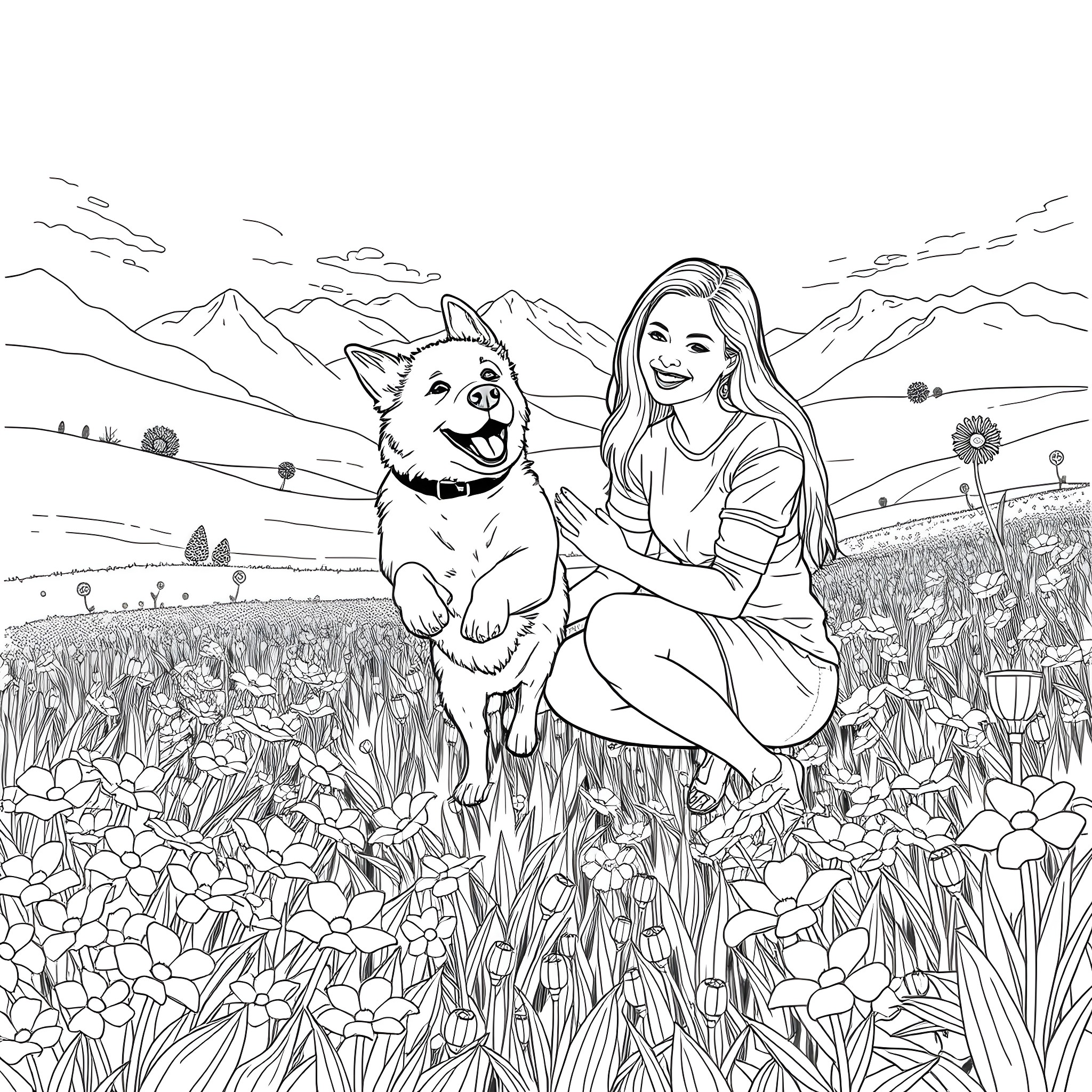Dog enjoying the outdoors with a smiling woman Coloring Page (free black-and-white line drawing printable PDF for all, from beginners to advanced learners, including children, teens, adults, and seniors)