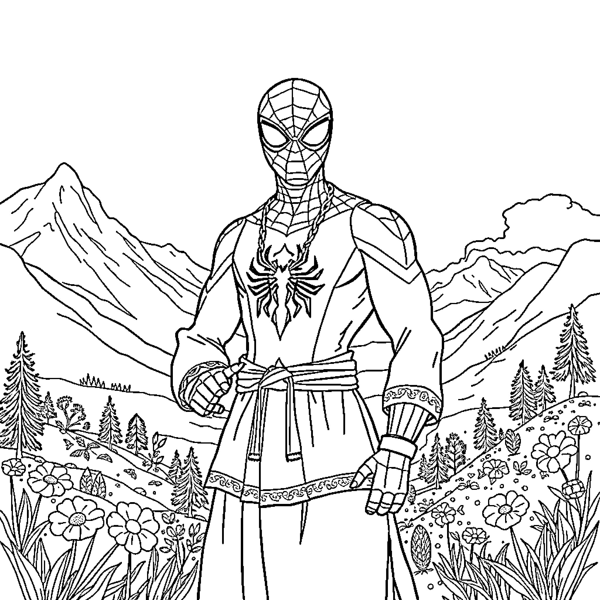 Spiderman standing proudly in natural landscape Coloring Page (free black-and-white line drawing printable PDF for all, from beginners to advanced learners, including children, teens, adults, and seniors)