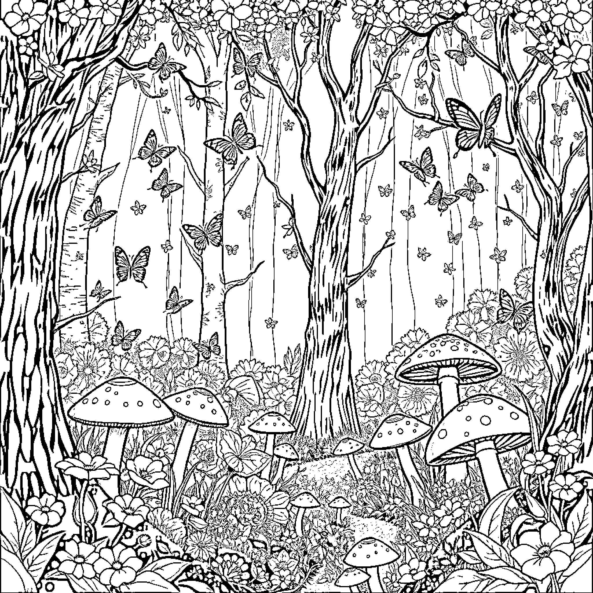 Fairy Forest Filled with Whimsical Butterflies Coloring Page (free black-and-white line drawing printable PDF for all, from beginners to advanced learners, including children, teens, adults, and seniors)