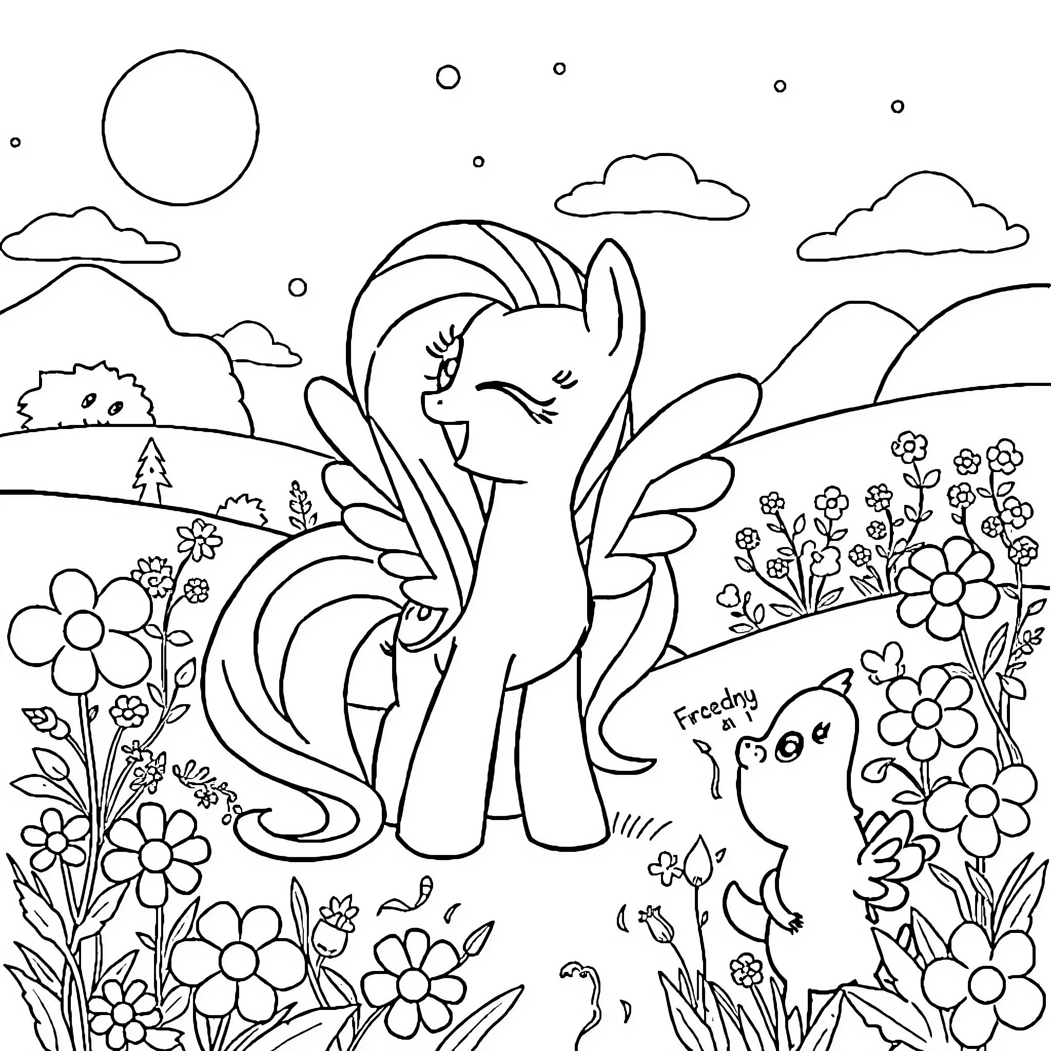 Fluttershy exploring the enchanting floral meadow Coloring Page (free black-and-white line drawing printable PDF for all, from beginners to advanced learners, including children, teens, adults, and seniors)