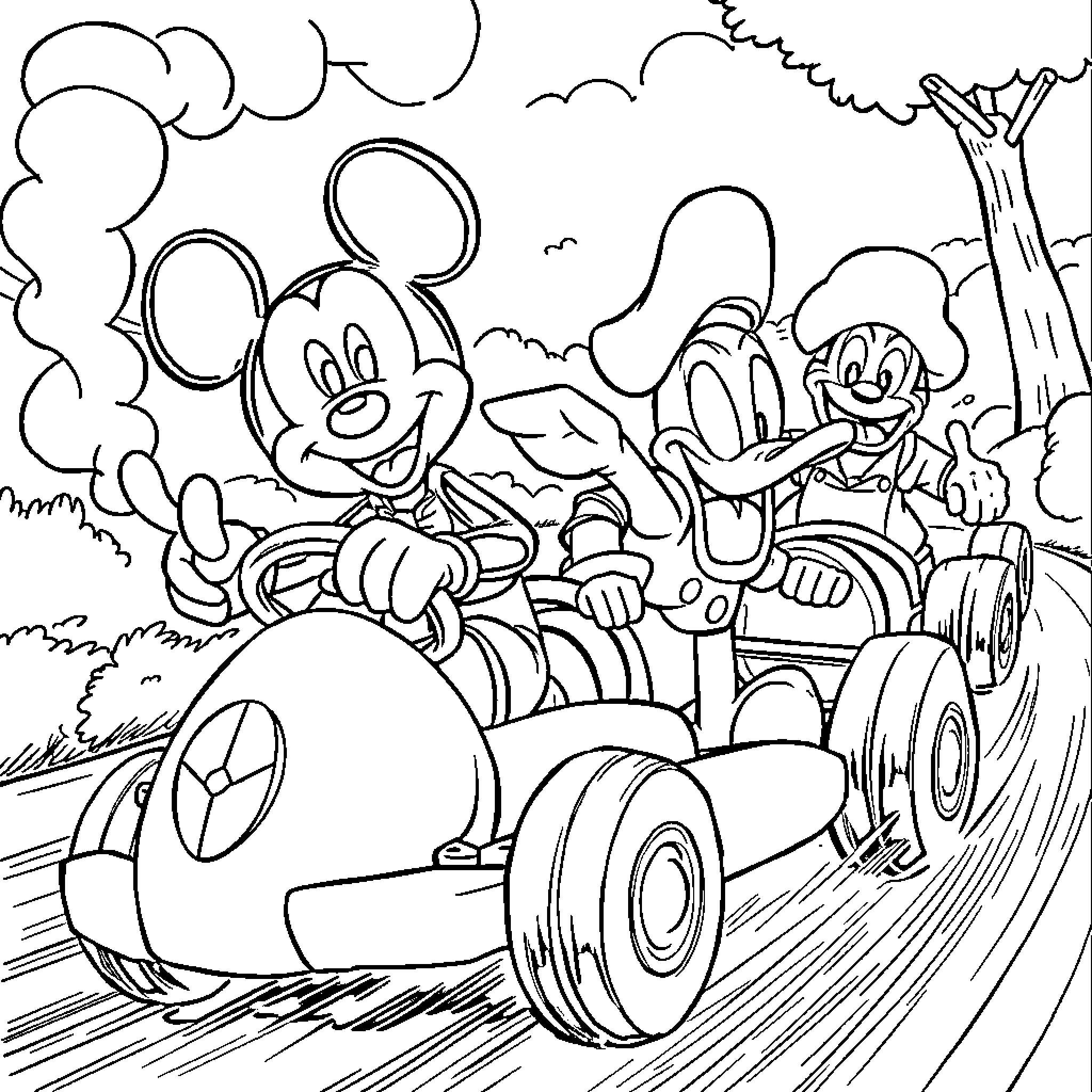 Mickey Mouse and friends on a joyful ride Coloring Page (free black-and-white line drawing printable PDF for all, from beginners to advanced learners, including children, teens, adults, and seniors)