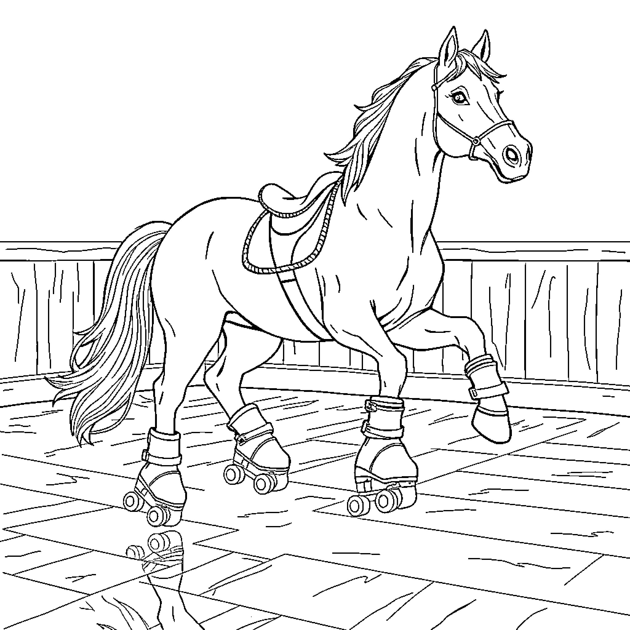 Horse riding on roller skates in a rink Coloring Page (free black-and-white line drawing printable PDF for all, from beginners to advanced learners, including children, teens, adults, and seniors)