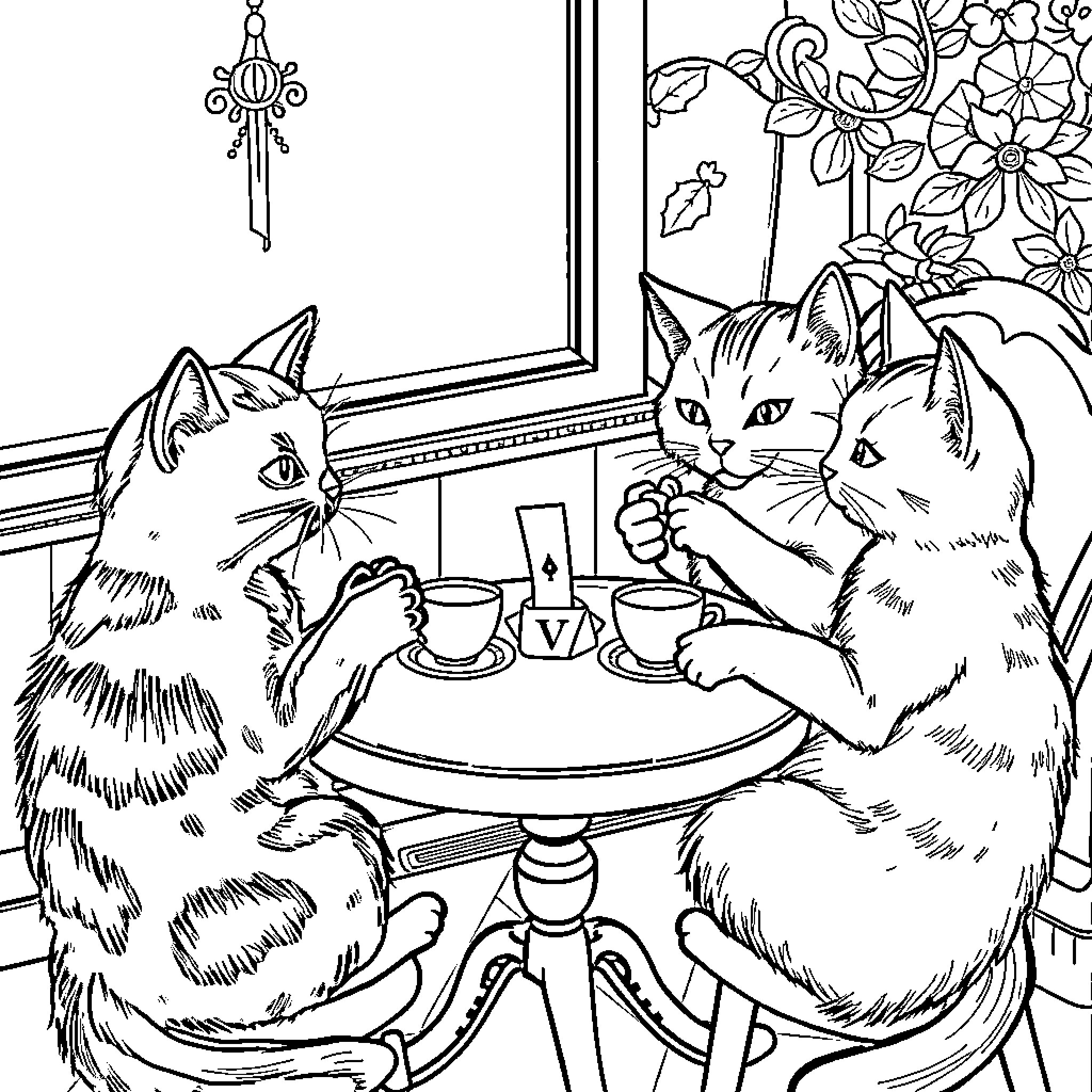 Cat Tea Time with Flowers Coloring Page (free black-and-white line drawing printable PDF for all, from beginners to advanced learners, including children, teens, adults, and seniors)