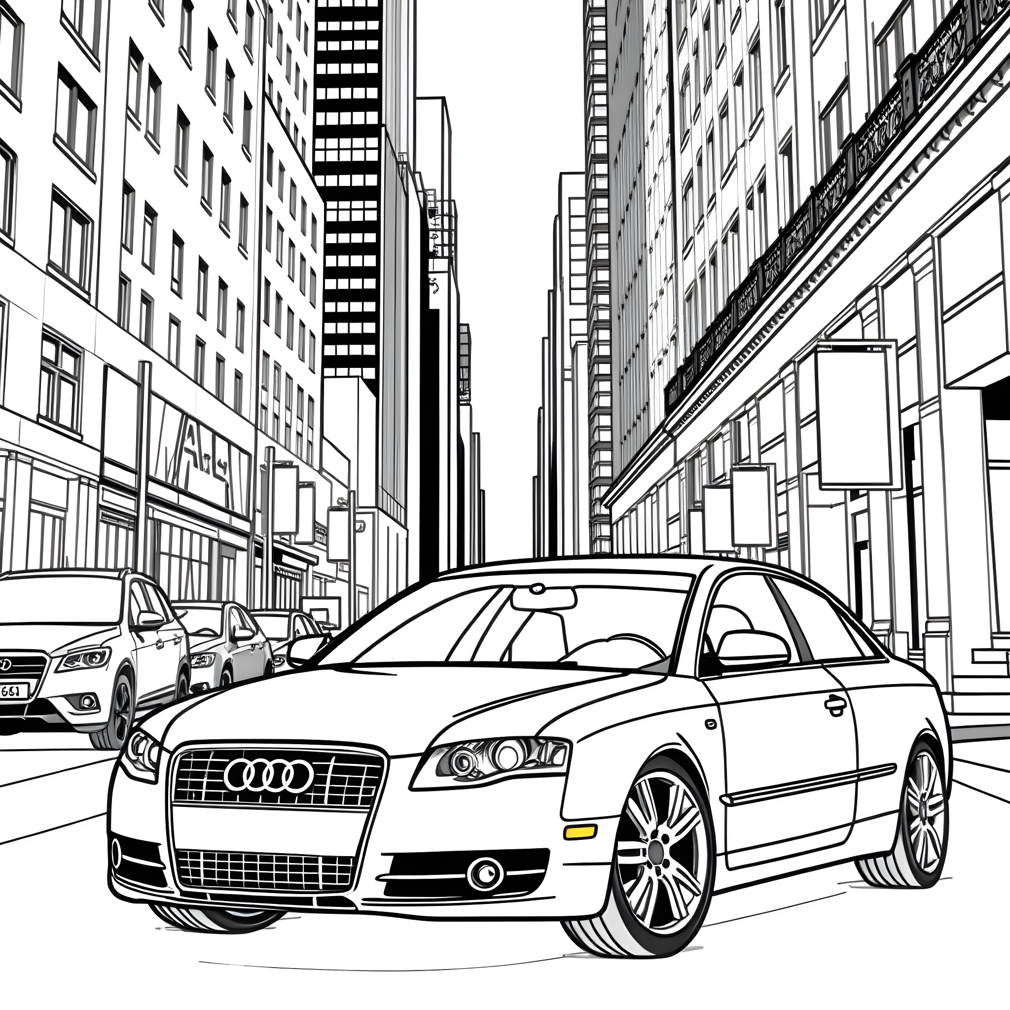 Audi sedan driving on city street Coloring Page (free black-and-white line drawing printable PDF for all, from beginners to advanced learners, including children, teens, adults, and seniors)