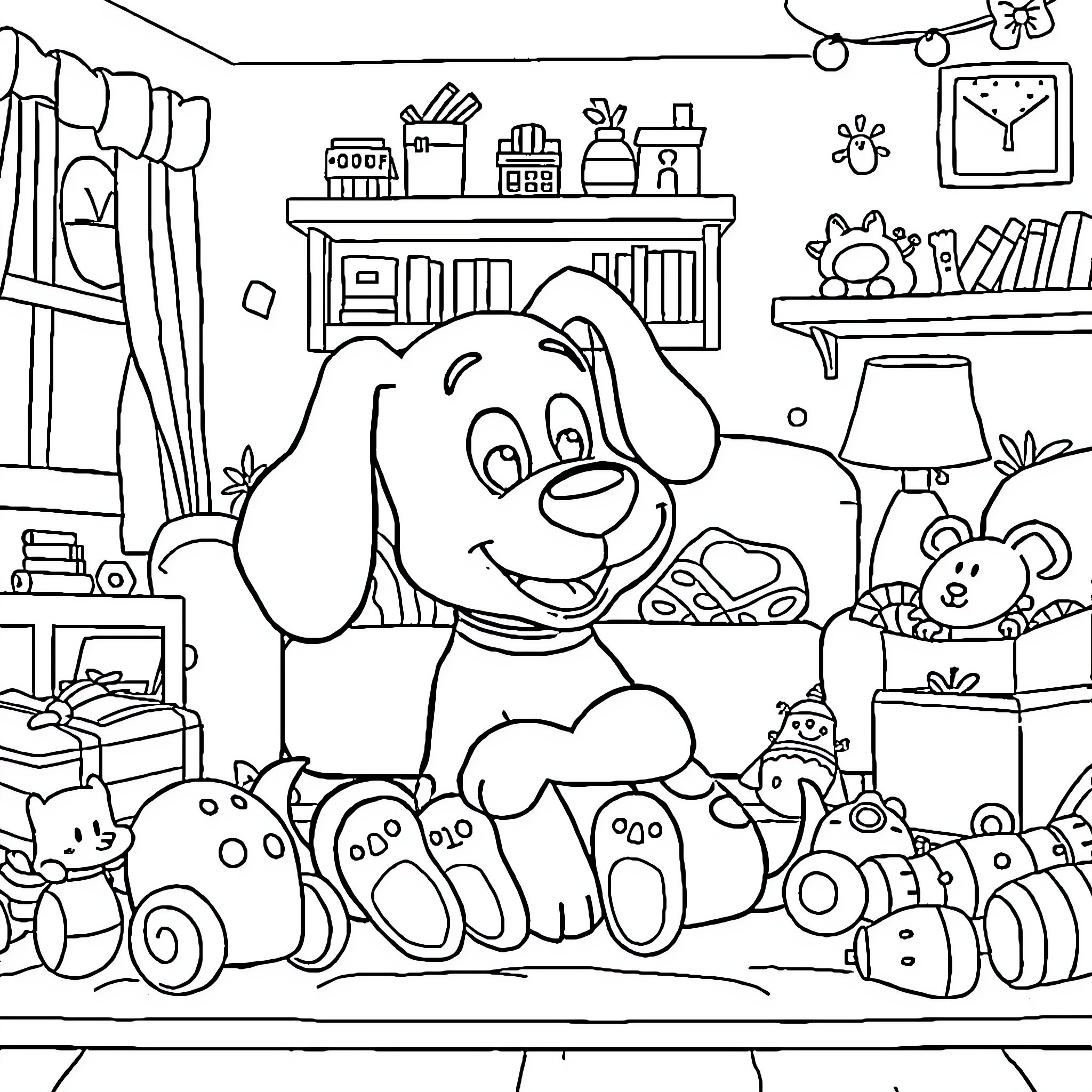 Bluey's Room Filled with Toys and Adventure Coloring Page (free black-and-white line drawing printable PDF for all, from beginners to advanced learners, including children, teens, adults, and seniors)