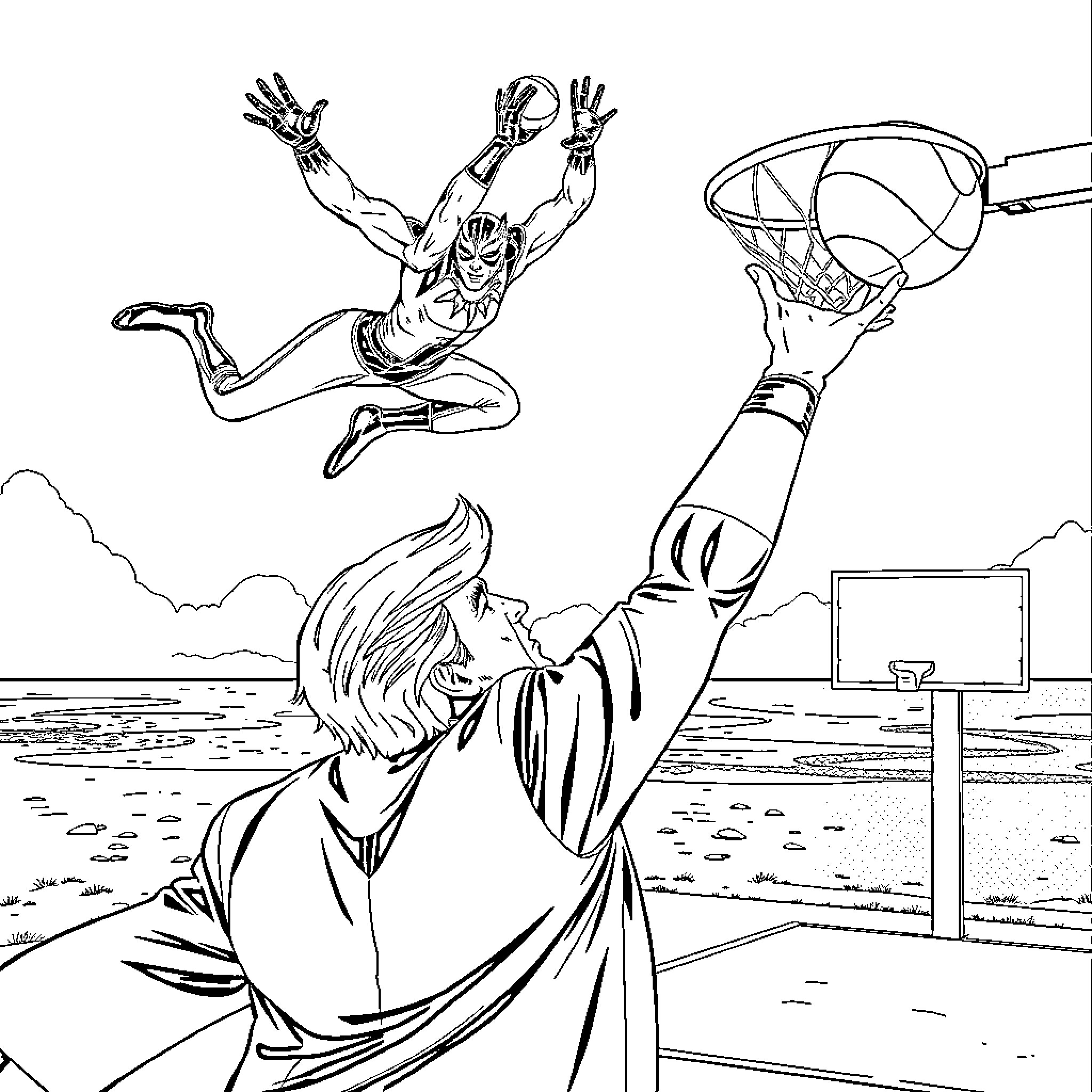 Black Panther's daring maneuvers on the basketball court Coloring Page (free black-and-white line drawing printable PDF for all, from beginners to advanced learners, including children, teens, adults, and seniors)