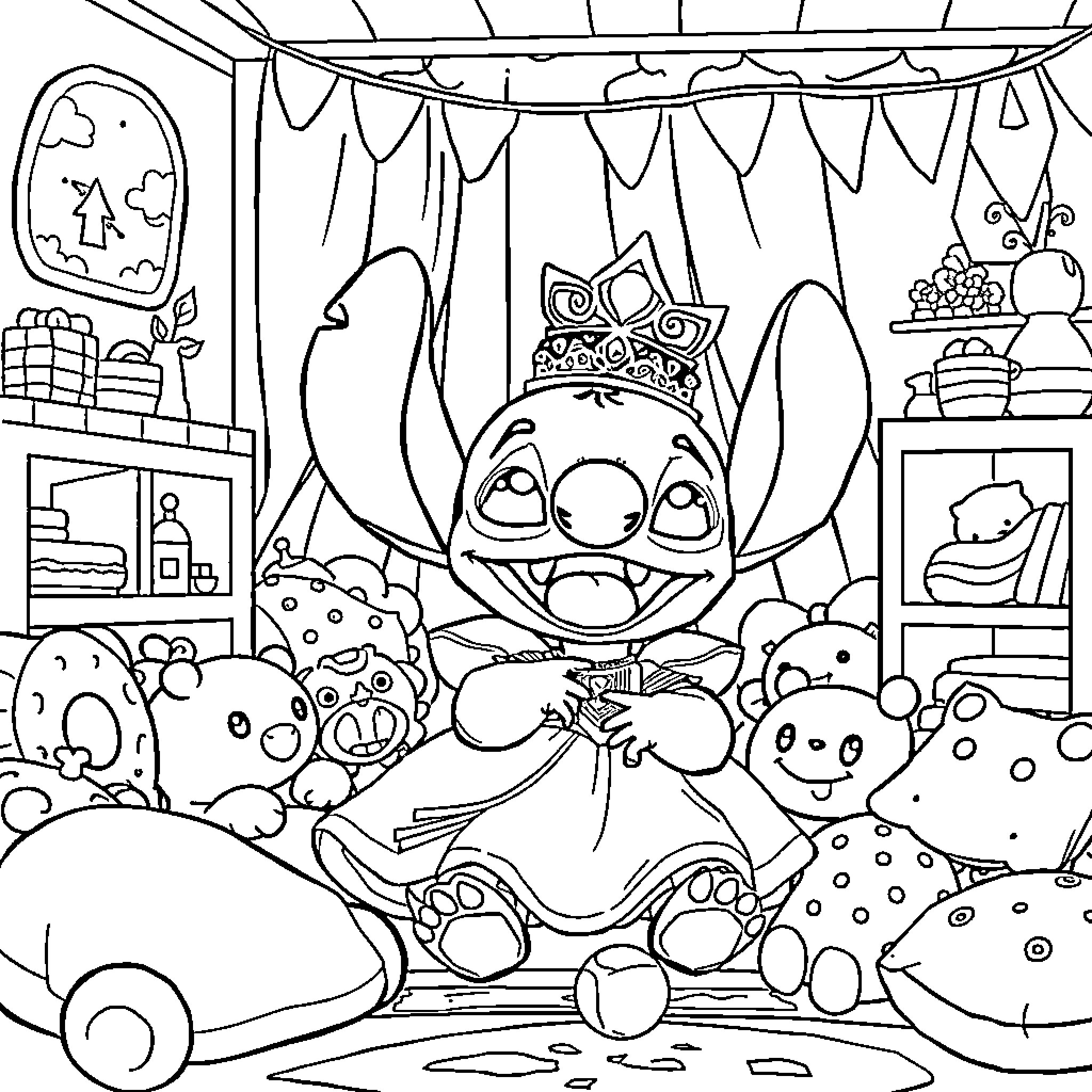 Stitch celebrating in a festive room Coloring Page (free black-and-white line drawing printable PDF for all, from beginners to advanced learners, including children, teens, adults, and seniors)