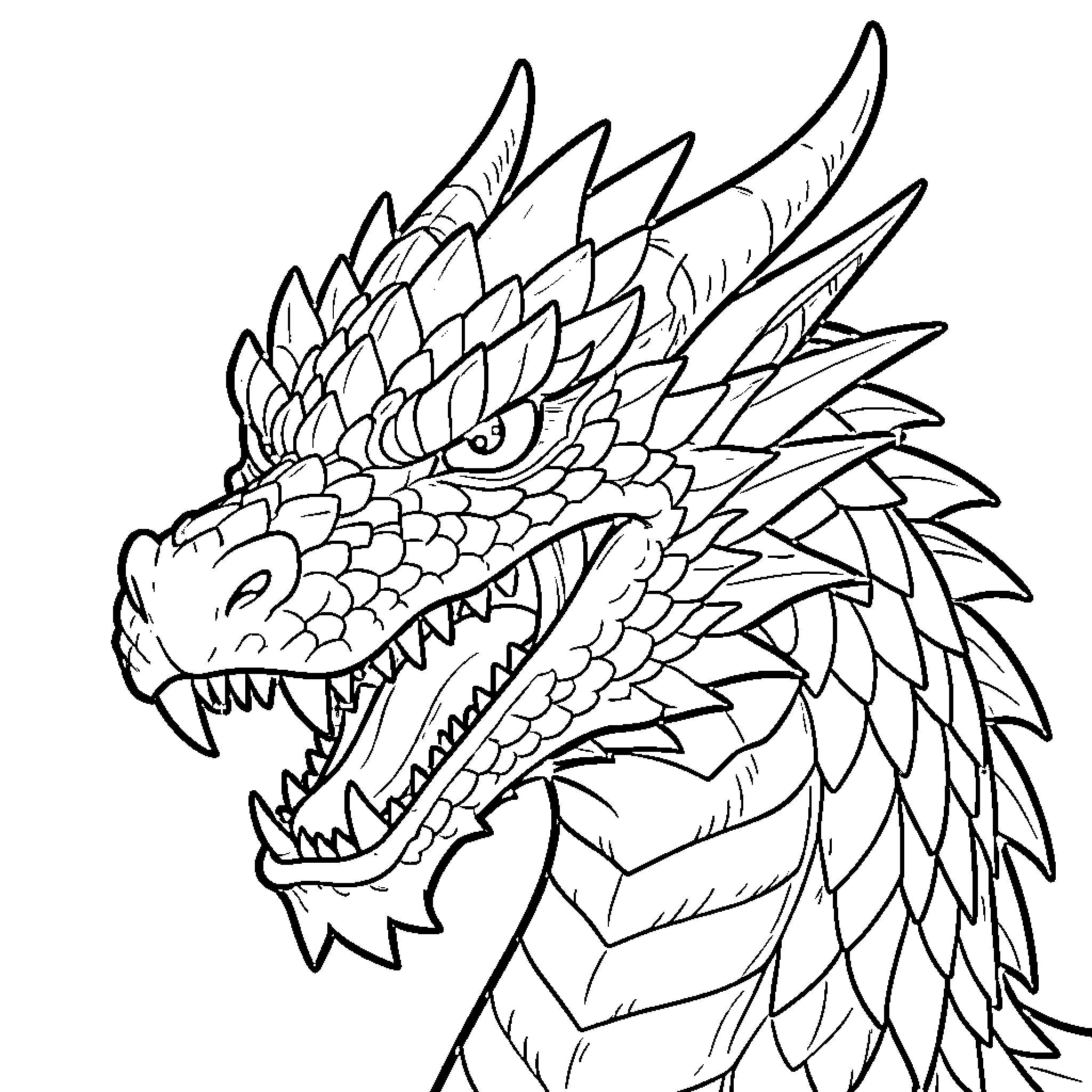 Dragon with Fierce Expression and Menacing Appearance Coloring Page (free black-and-white line drawing printable PDF for all, from beginners to advanced learners, including children, teens, adults, and seniors)