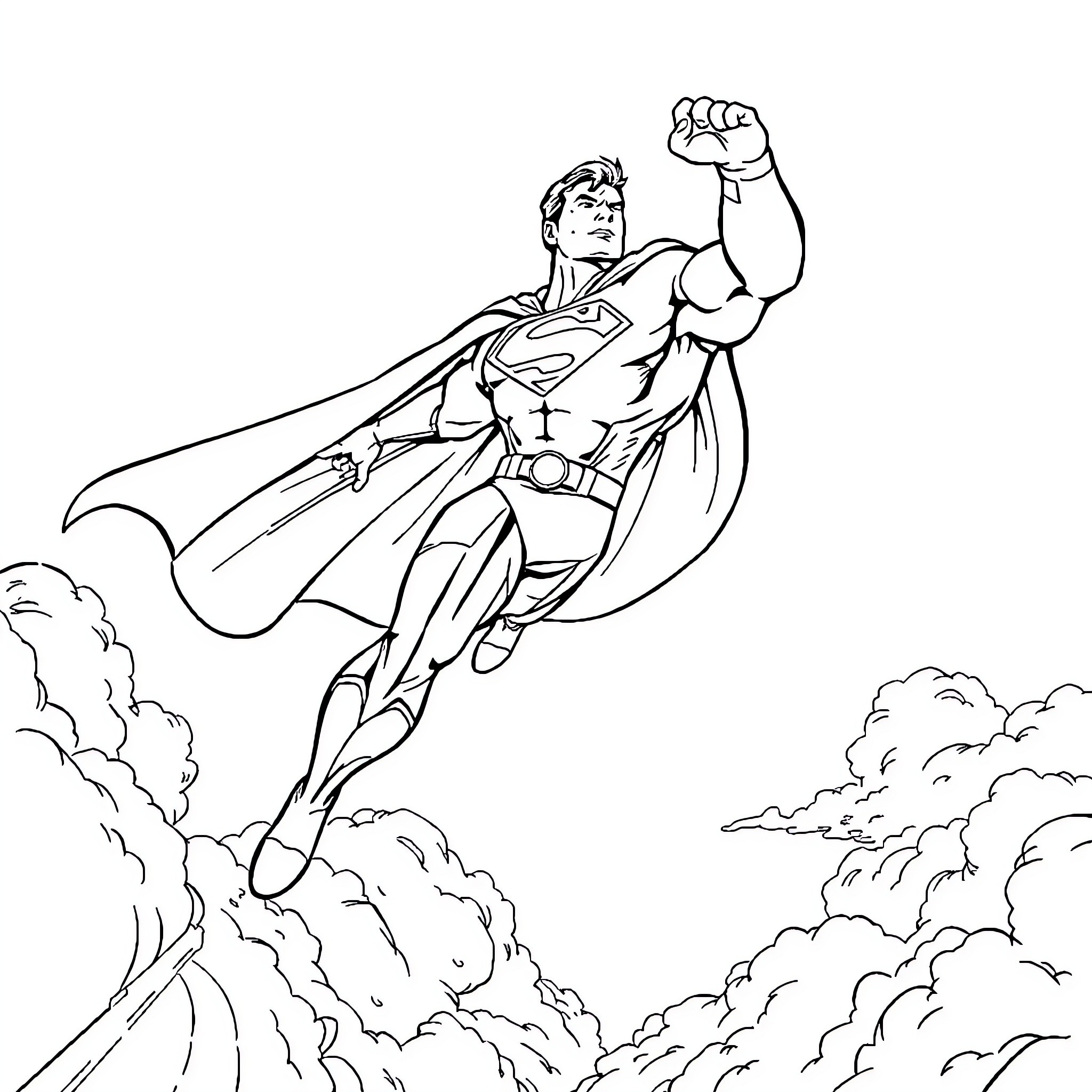 Superman soaring through the sky with determination Coloring Page (free black-and-white line drawing printable PDF for all, from beginners to advanced learners, including children, teens, adults, and seniors)