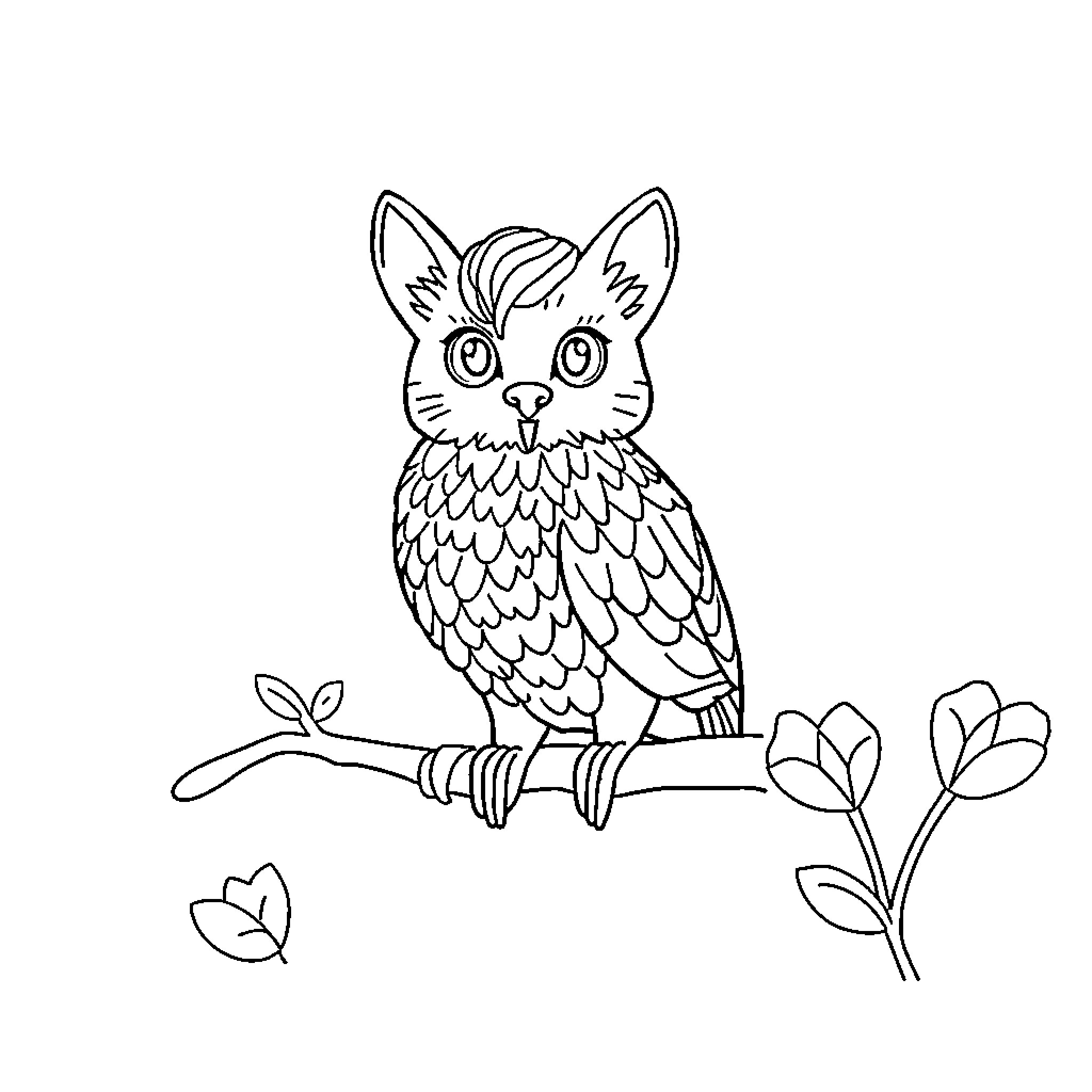 Lion owl perching on branch with flowers Coloring Page (free black-and-white line drawing printable PDF for all, from beginners to advanced learners, including children, teens, adults, and seniors)