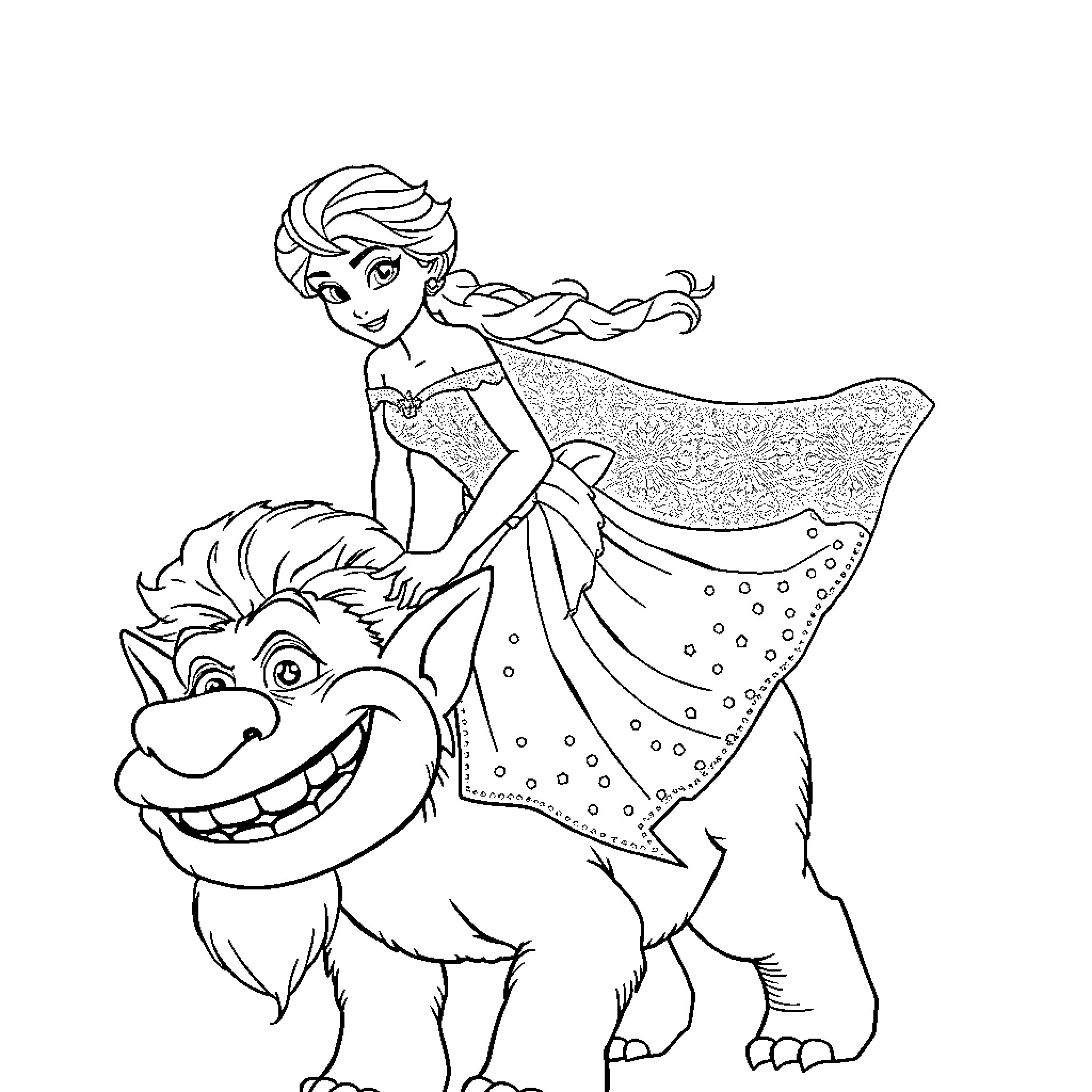 Elsa riding a magical troll companion Coloring Page (free black-and-white line drawing printable PDF for all, from beginners to advanced learners, including children, teens, adults, and seniors)