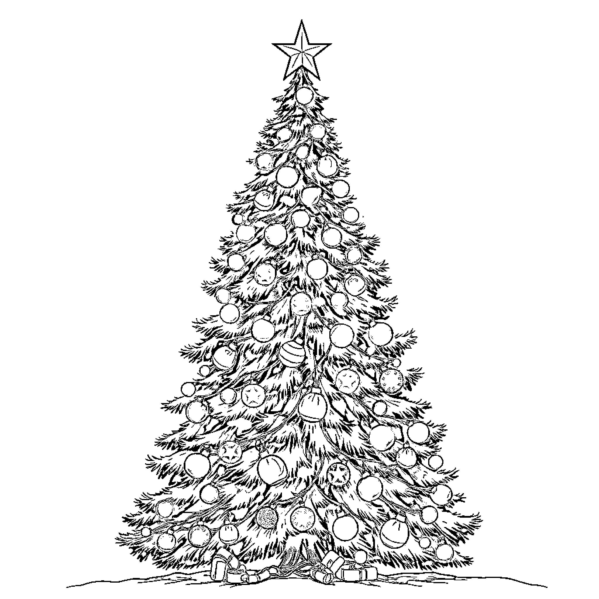 Christmas Tree adorned with ornaments and star topper Coloring Page (free black-and-white line drawing printable PDF for all, from beginners to advanced learners, including children, teens, adults, and seniors)