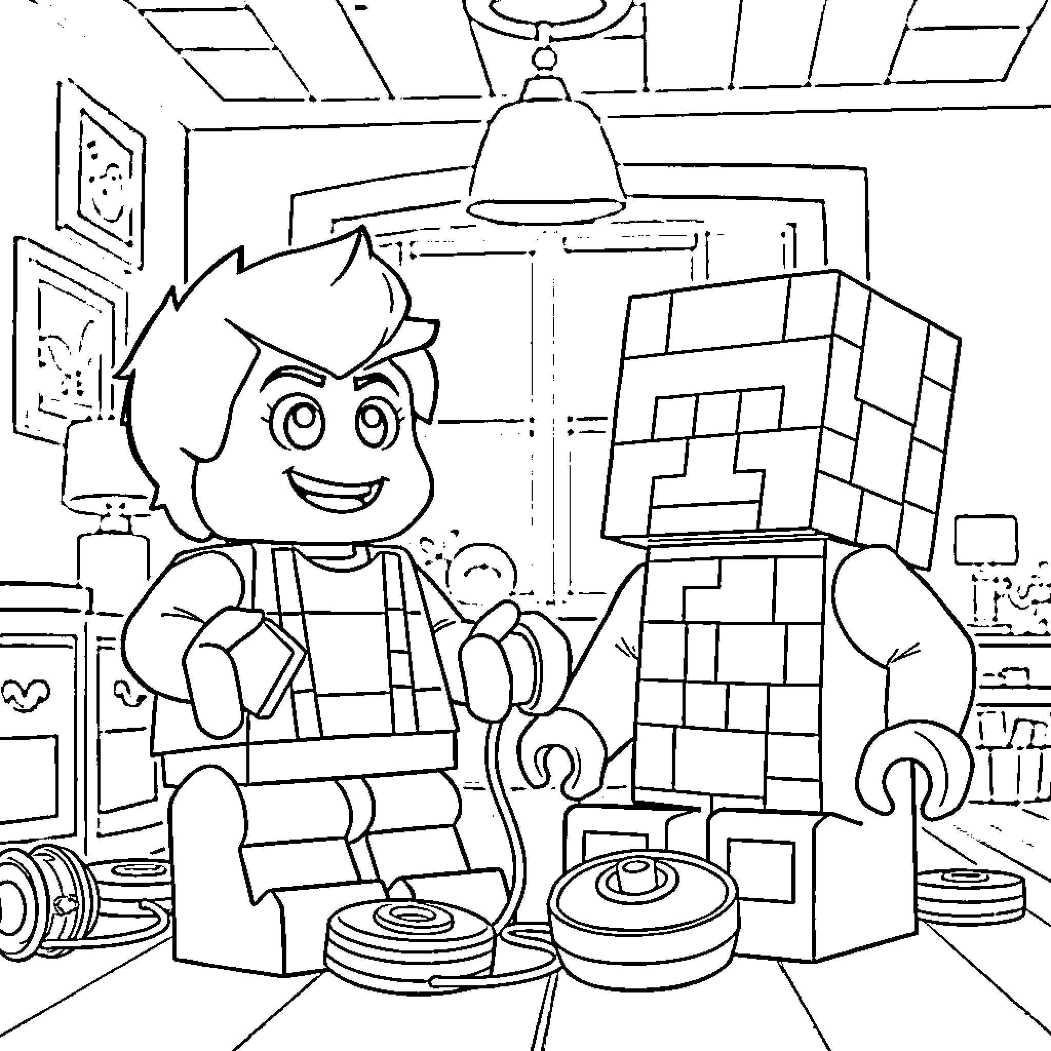 Character playing with building blocks in workshop Coloring Page (free black-and-white line drawing printable PDF for all, from beginners to advanced learners, including children, teens, adults, and seniors)