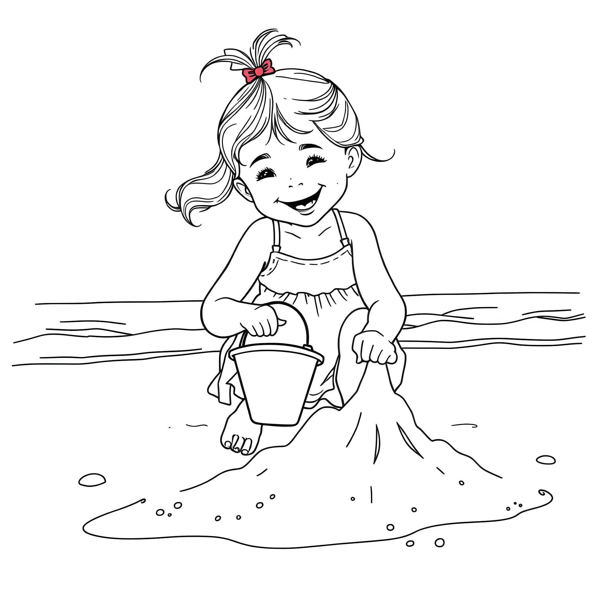 Girl playing happily in the sand with bucket Coloring Page (free black-and-white line drawing printable PDF for all, from beginners to advanced learners, including children, teens, adults, and seniors)