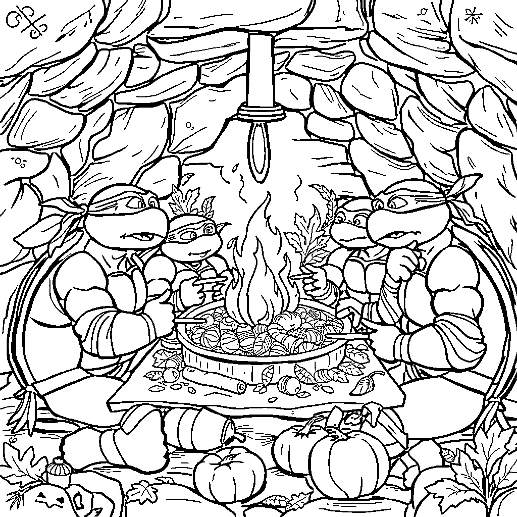 Teenage Mutant Ninja Turtles Gather Around Campfire Coloring Page (free black-and-white line drawing printable PDF for all, from beginners to advanced learners, including children, teens, adults, and seniors)
