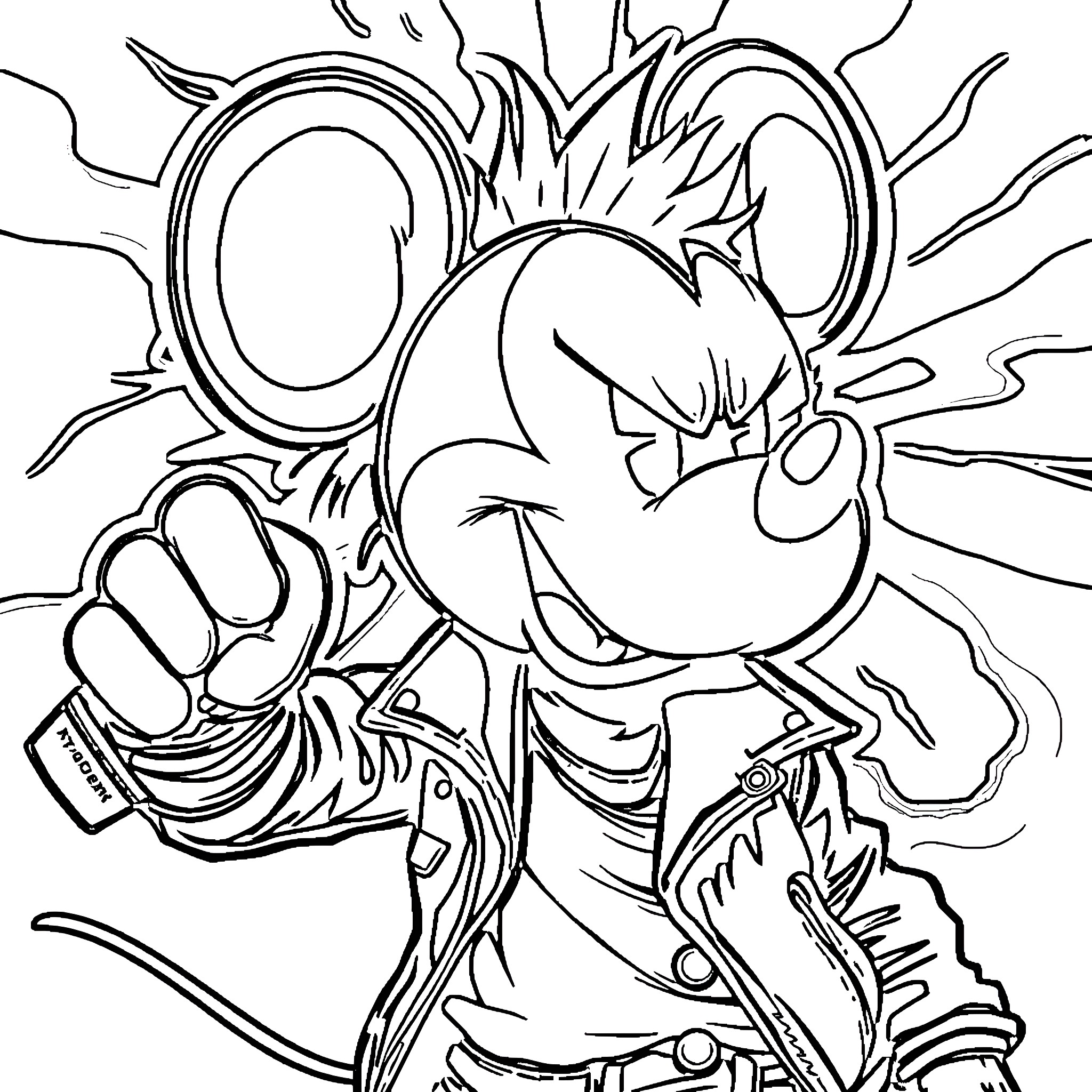 Mickey Mouse in an action-packed scene Coloring Page (free black-and-white line drawing printable PDF for all, from beginners to advanced learners, including children, teens, adults, and seniors)