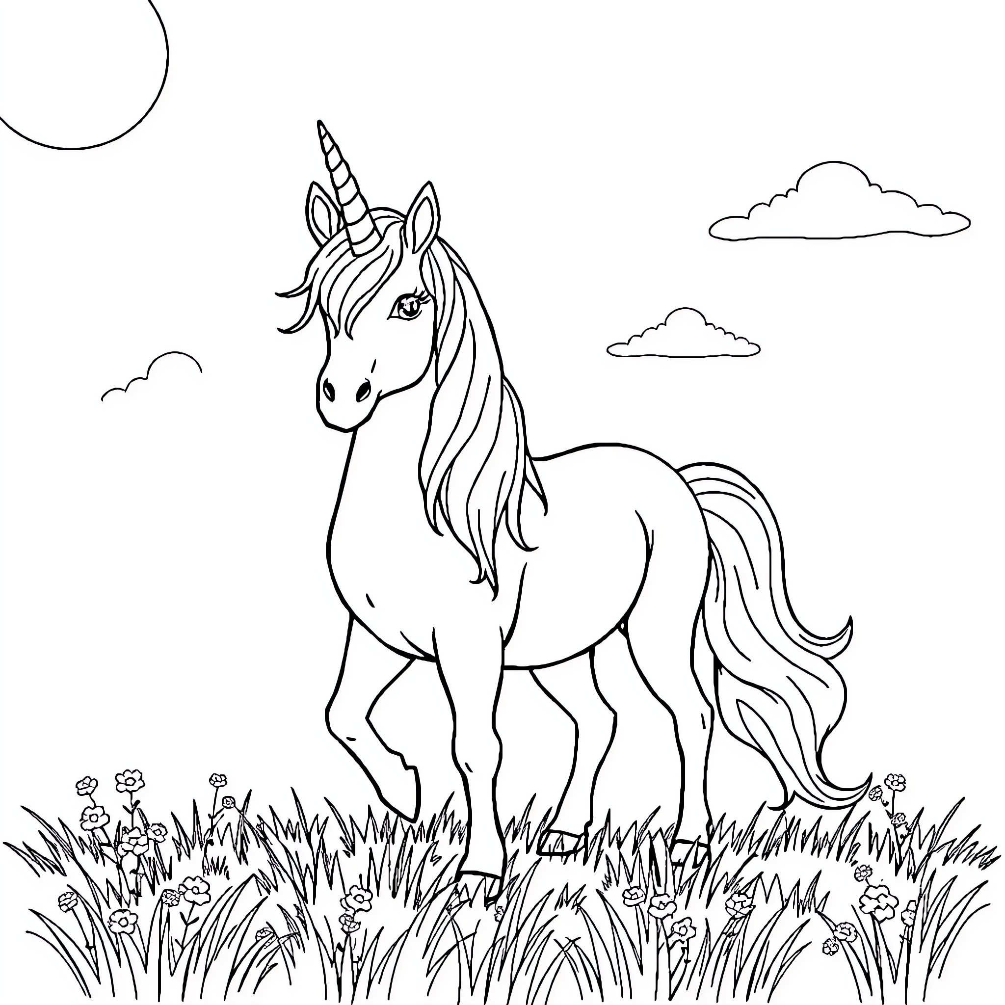 Unicorn standing in a grassy field under the moon Coloring Page (free black-and-white line drawing printable PDF for all, from beginners to advanced learners, including children, teens, adults, and seniors)