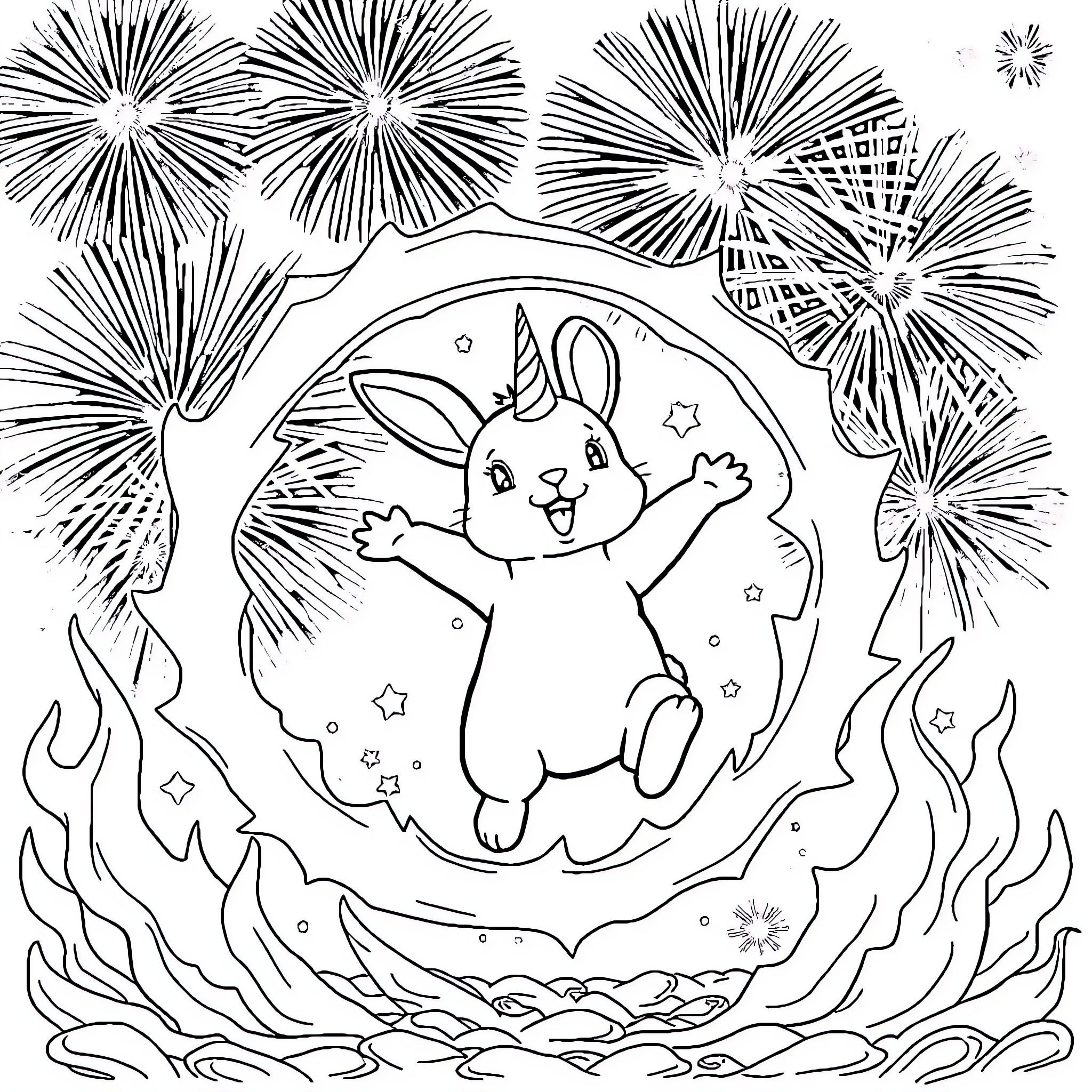 Rabbit celebrating with fireworks in the night sky Coloring Page (free black-and-white line drawing printable PDF for all, from beginners to advanced learners, including children, teens, adults, and seniors)
