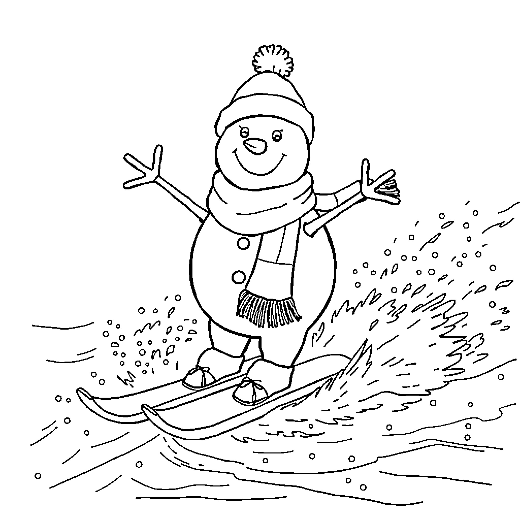 Snowman skiing down the snowy slope Coloring Page (free black-and-white line drawing printable PDF for all, from beginners to advanced learners, including children, teens, adults, and seniors)