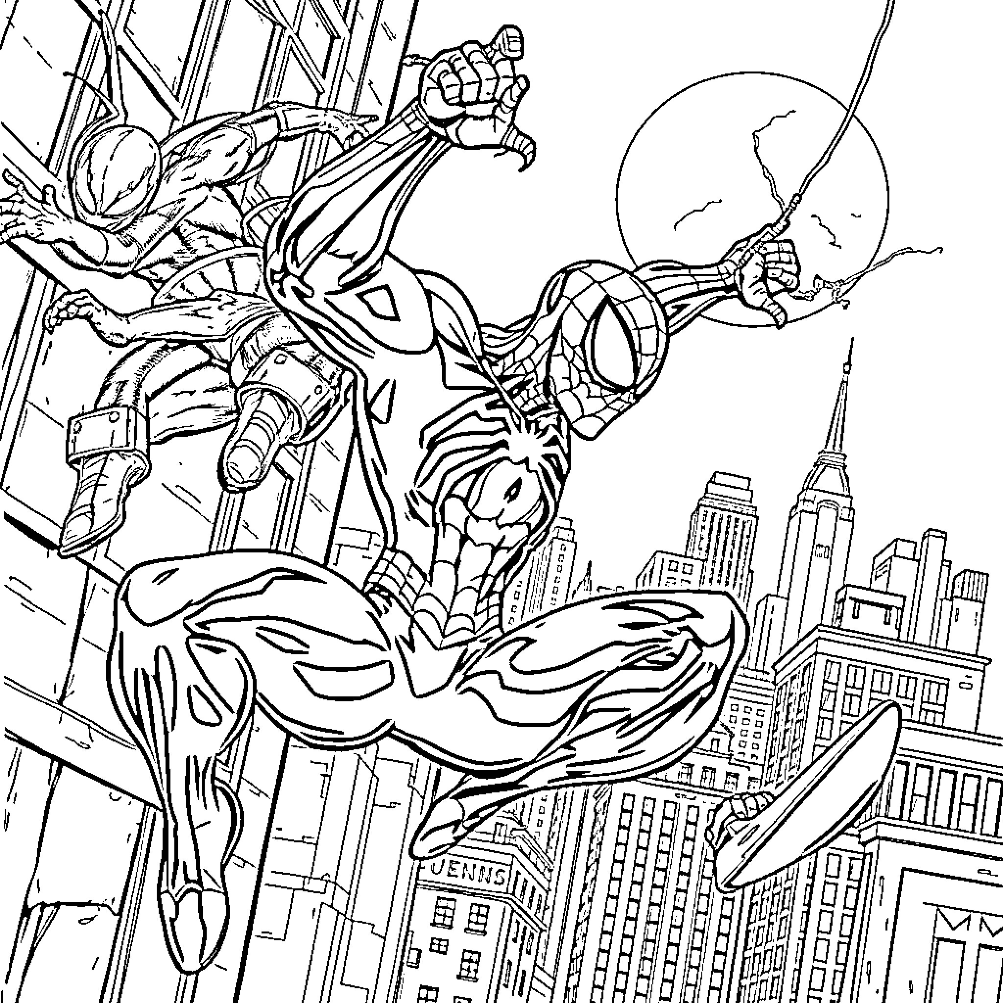 Spiderman swinging through the city skyline Coloring Page (free black-and-white line drawing printable PDF for all, from beginners to advanced learners, including children, teens, adults, and seniors)