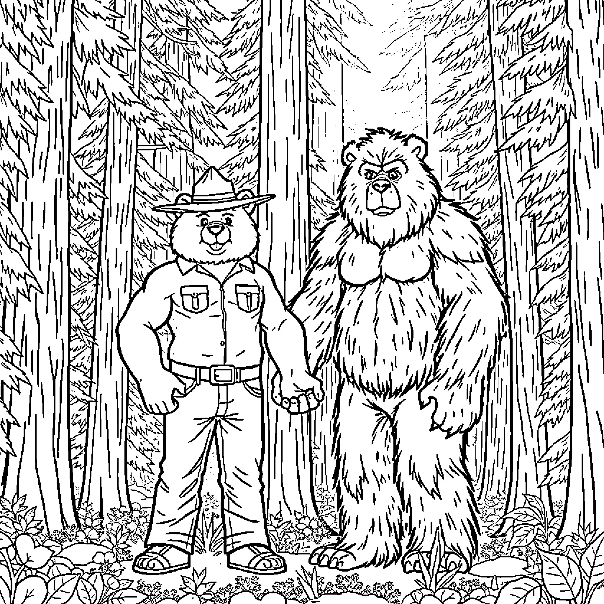 Smokey Bear and his forest ranger companion explore the wilderness Coloring Page (free black-and-white line drawing printable PDF for all, from beginners to advanced learners, including children, teens, adults, and seniors)