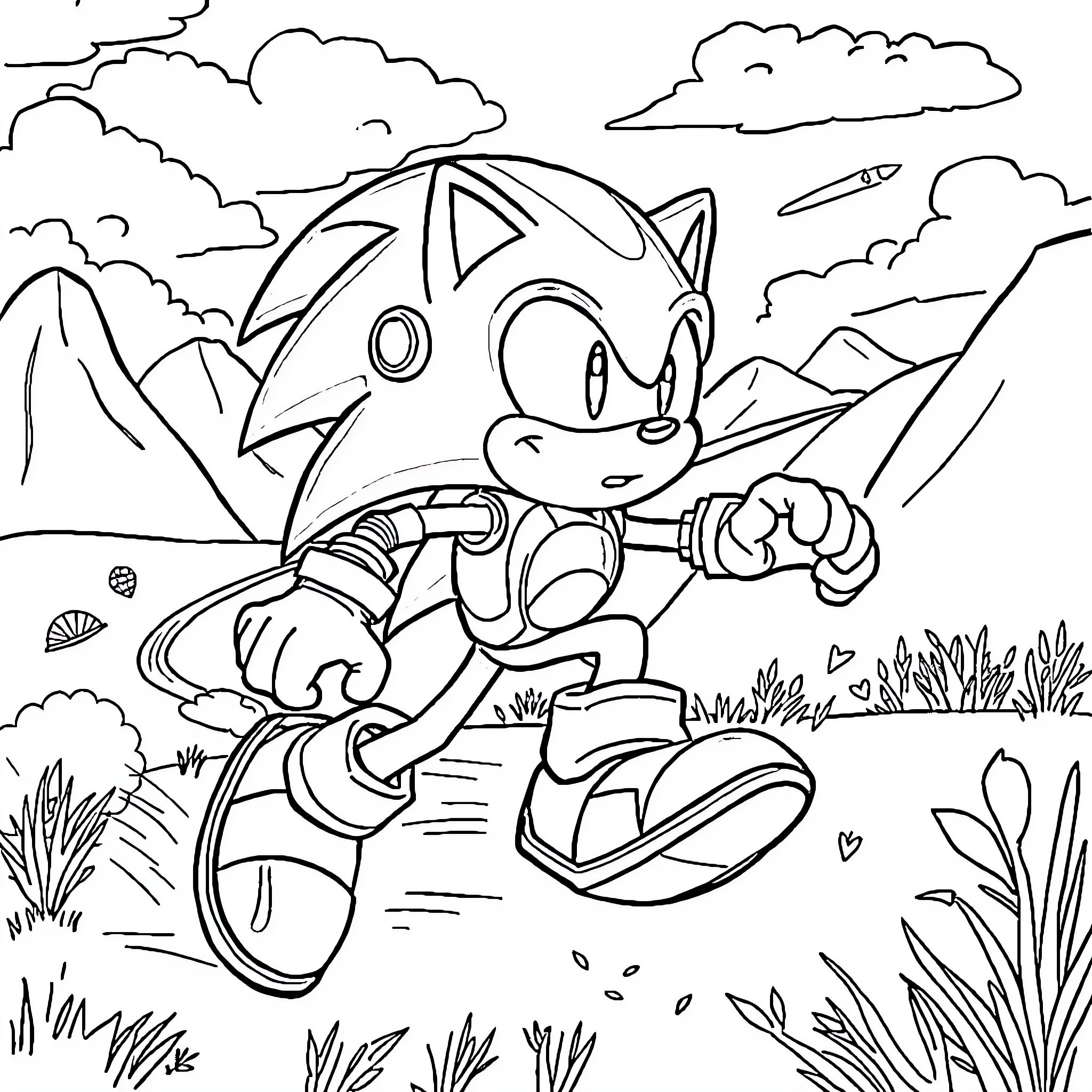 Robot Hedgehog Running Happily in Nature Coloring Page (free black-and-white line drawing printable PDF for all, from beginners to advanced learners, including children, teens, adults, and seniors)
