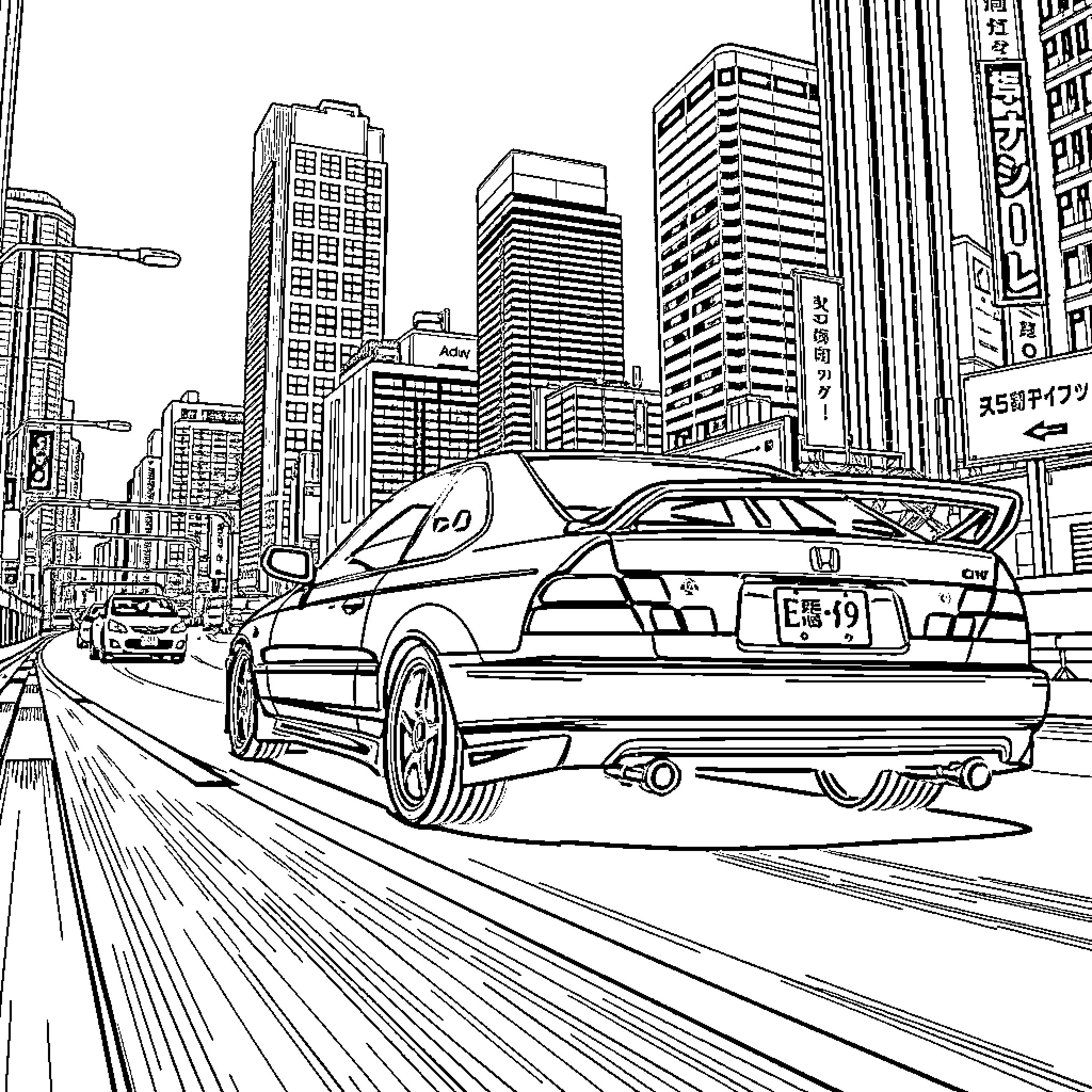 Honda Civic speeding through bustling city streets Coloring Page (free black-and-white line drawing printable PDF for all, from beginners to advanced learners, including children, teens, adults, and seniors)